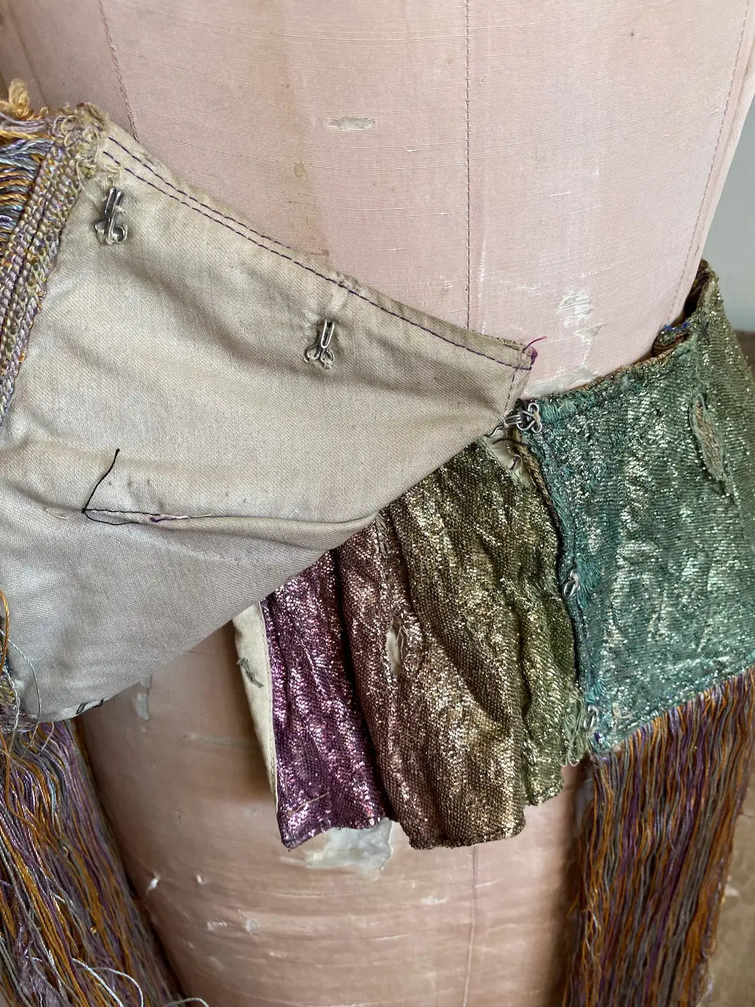 Antique Flapper Burlesque Showgirl Costume Rainbow Metallic Lamé Fringe Skirt