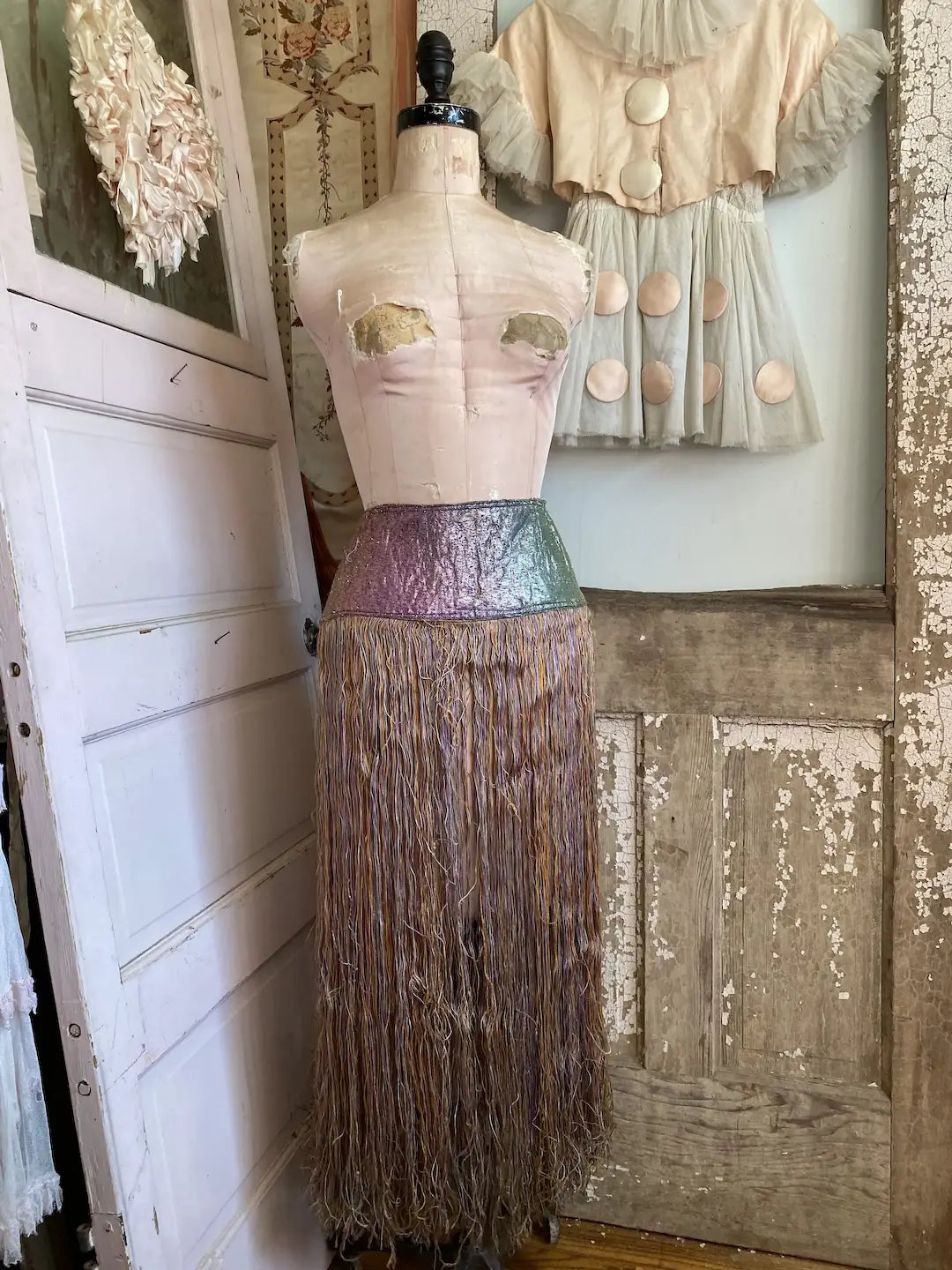 Antique Flapper Burlesque Showgirl Costume Rainbow Metallic Lamé Fringe Skirt