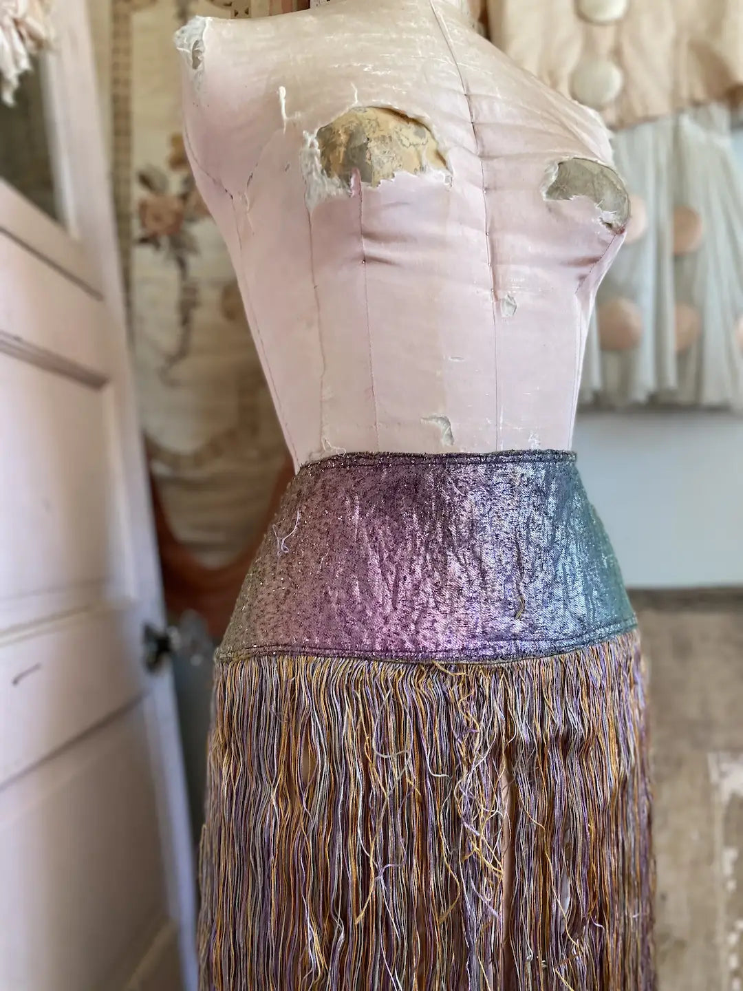 Antique Flapper Burlesque Showgirl Costume Rainbow Metallic Lamé Fringe Skirt