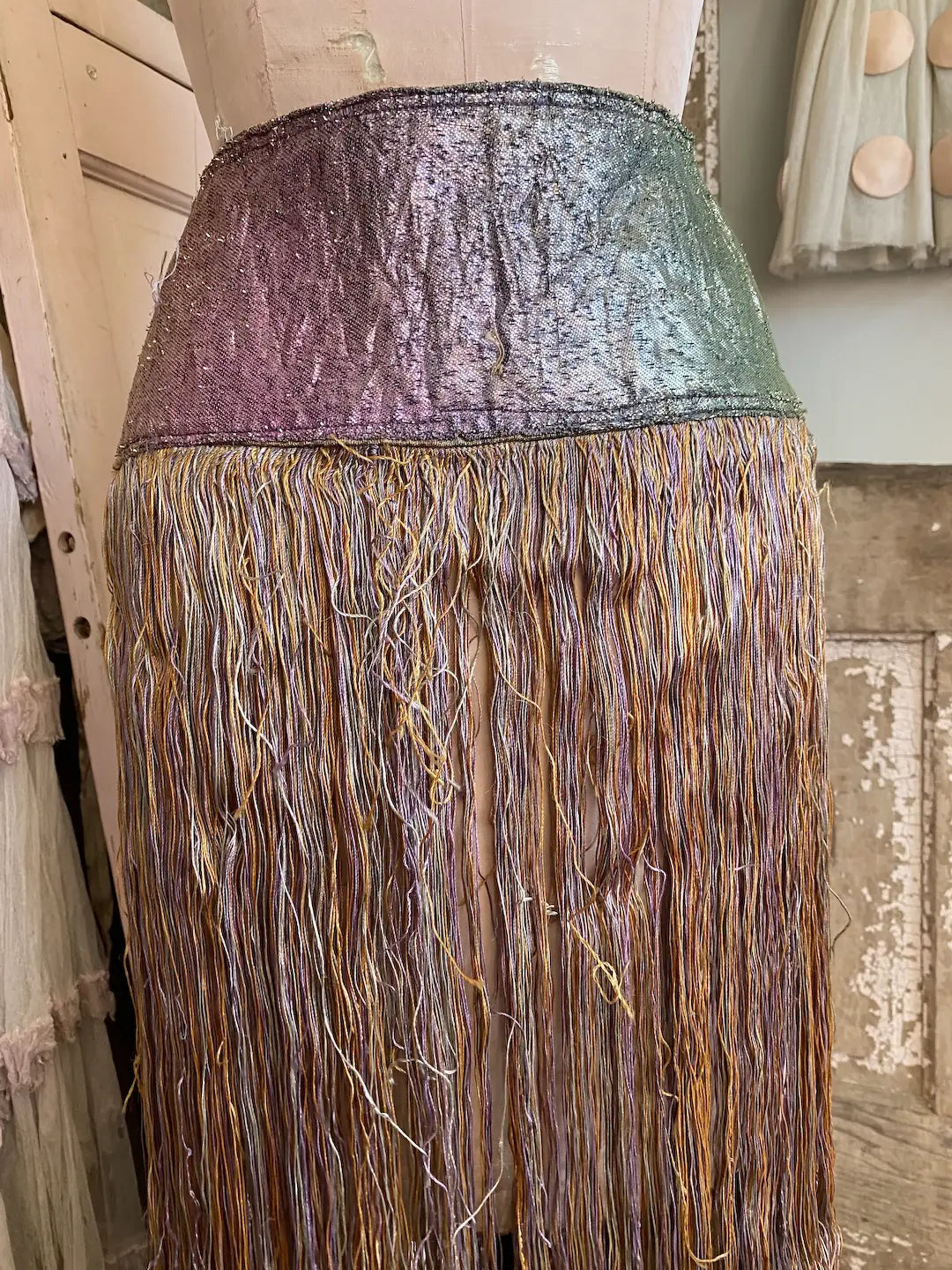 Antique Flapper Burlesque Showgirl Costume Rainbow Metallic Lamé Fringe Skirt