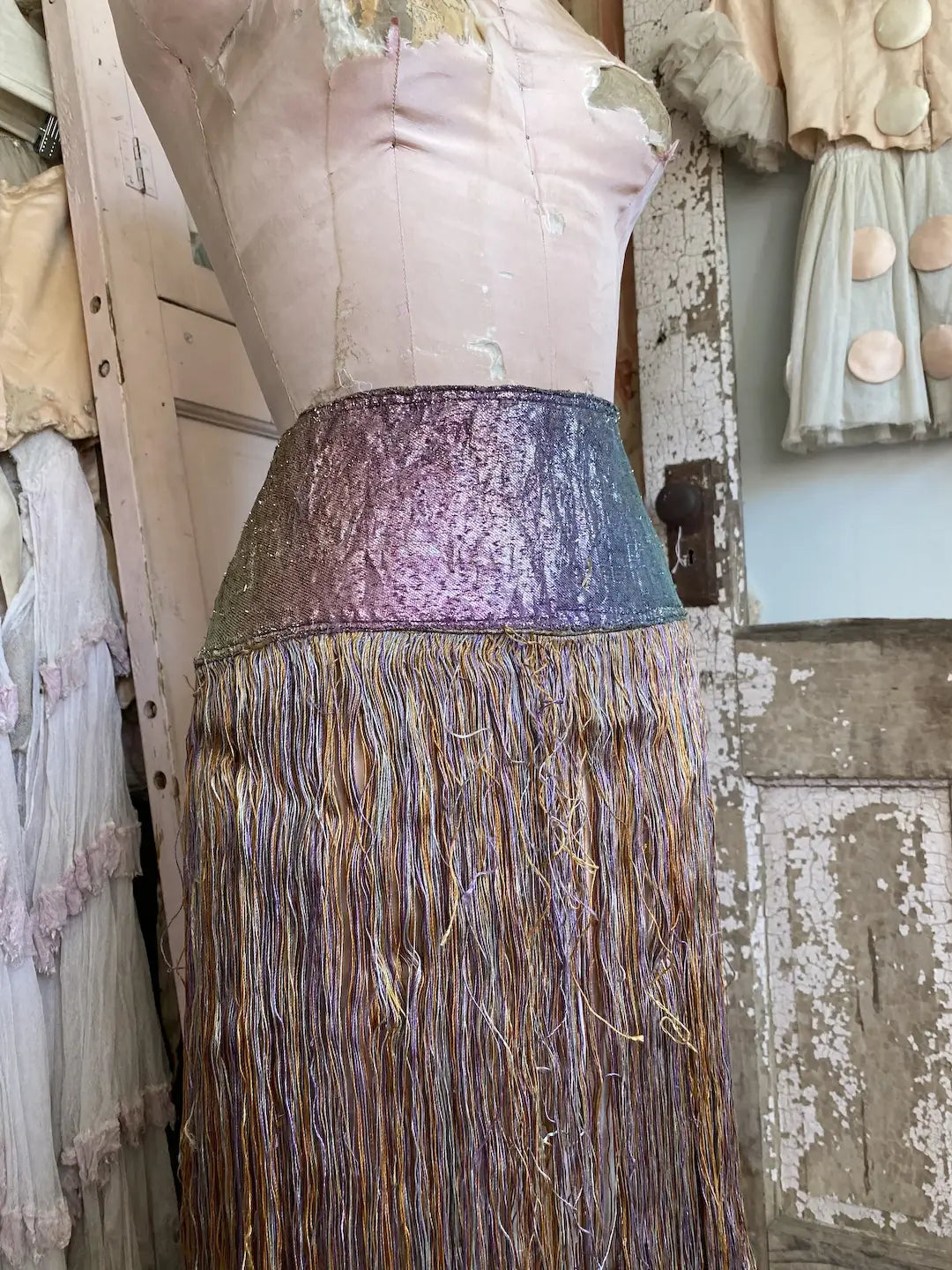 Antique Flapper Burlesque Showgirl Costume Rainbow Metallic Lamé Fringe Skirt