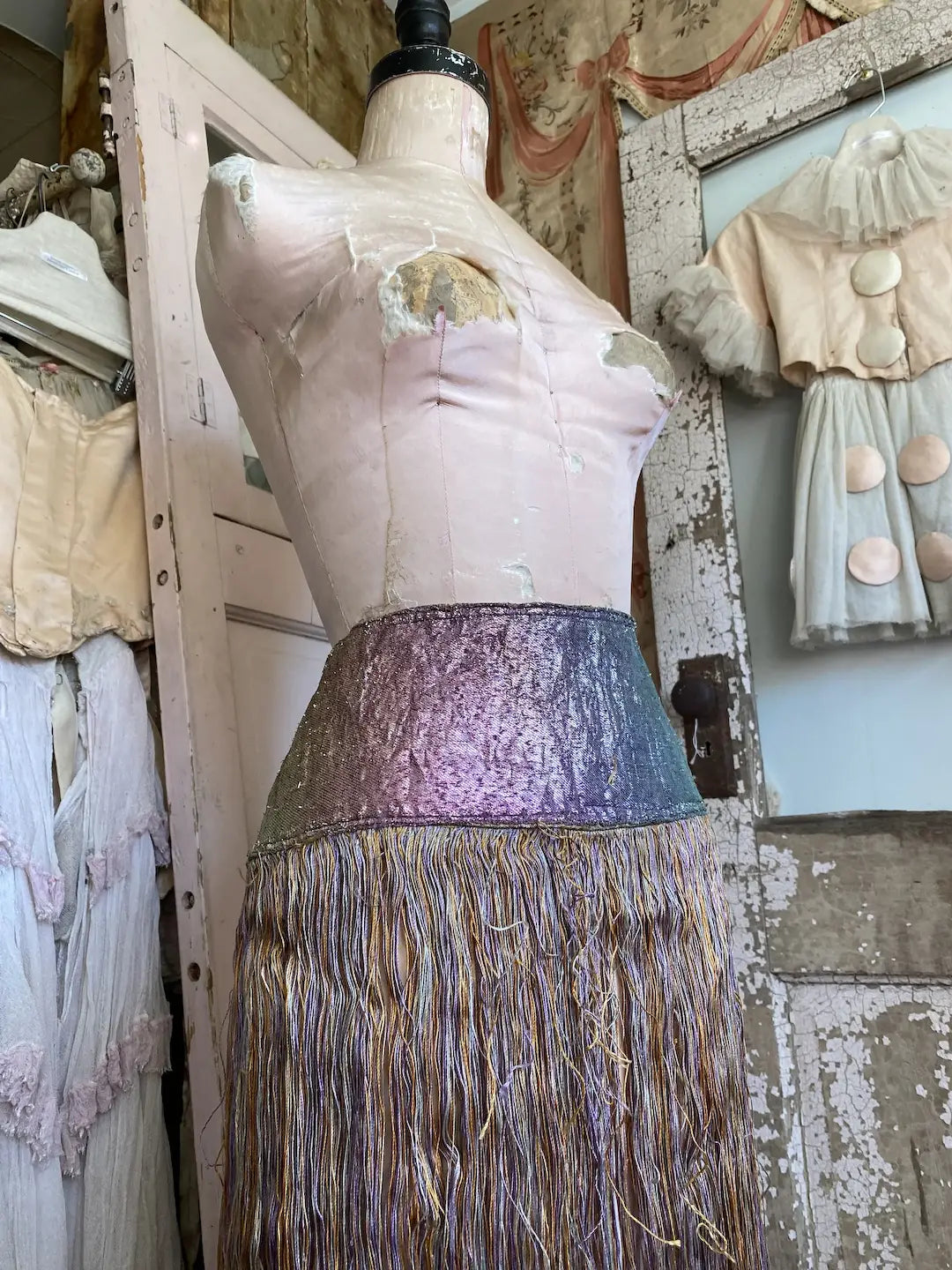 Antique Flapper Burlesque Showgirl Costume Rainbow Metallic Lamé Fringe Skirt