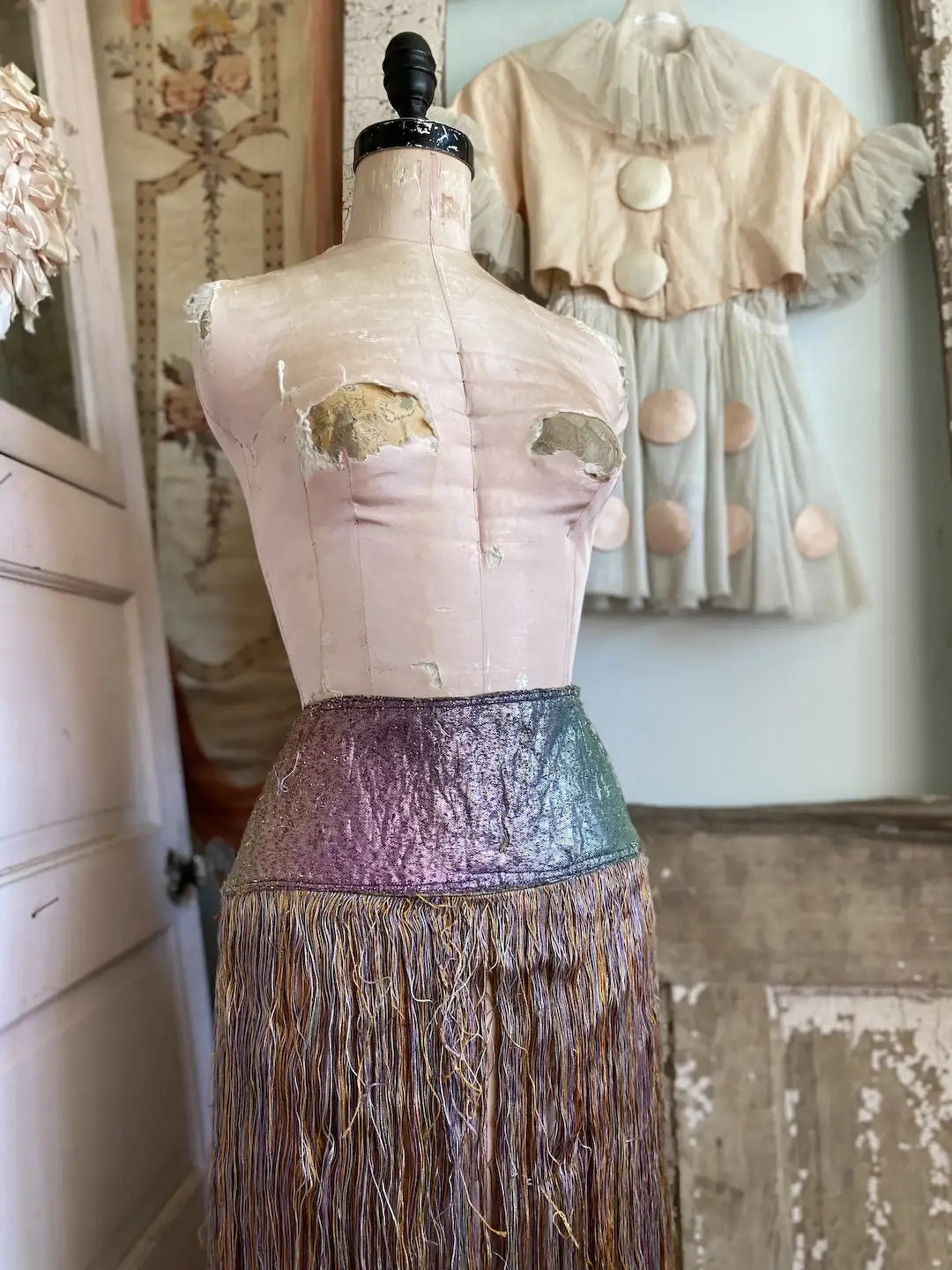 Antique Flapper Burlesque Showgirl Costume Rainbow Metallic Lamé Fringe Skirt