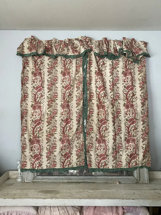 Antique French Window Treatment 2 Curtain Panels Valance