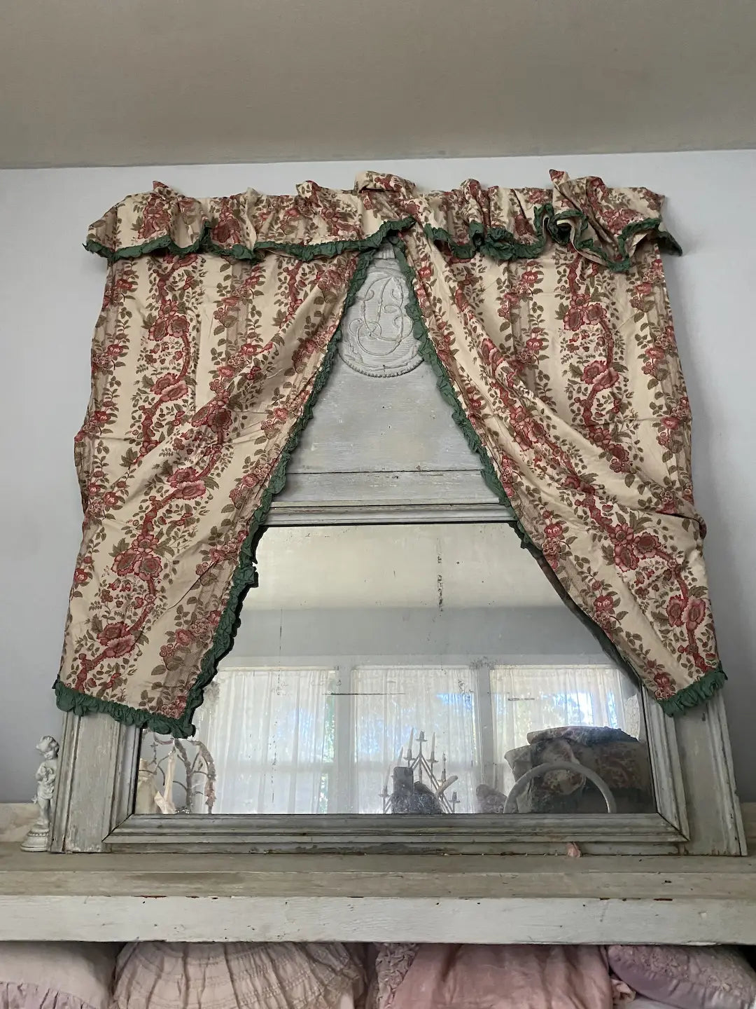 Antique French Window Treatment 2 Curtain Panels Valance