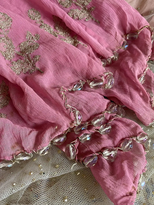 Antique Pink Silk Dress Scrap Metallic Silver Threads Glass Beads