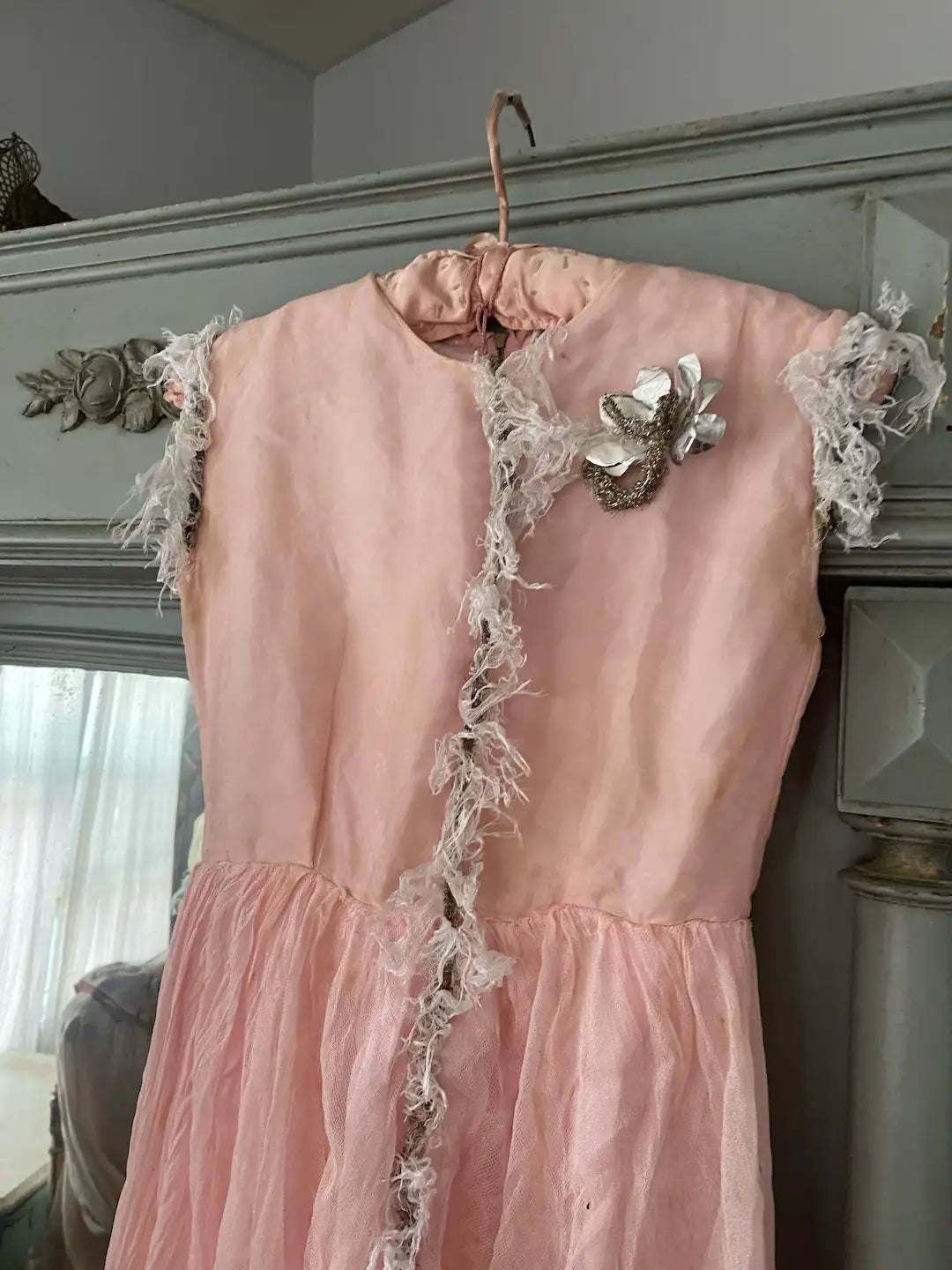 Antique Vintage Pink Tulle Lace Ballet Theater Costume Dress Tinsel Trim