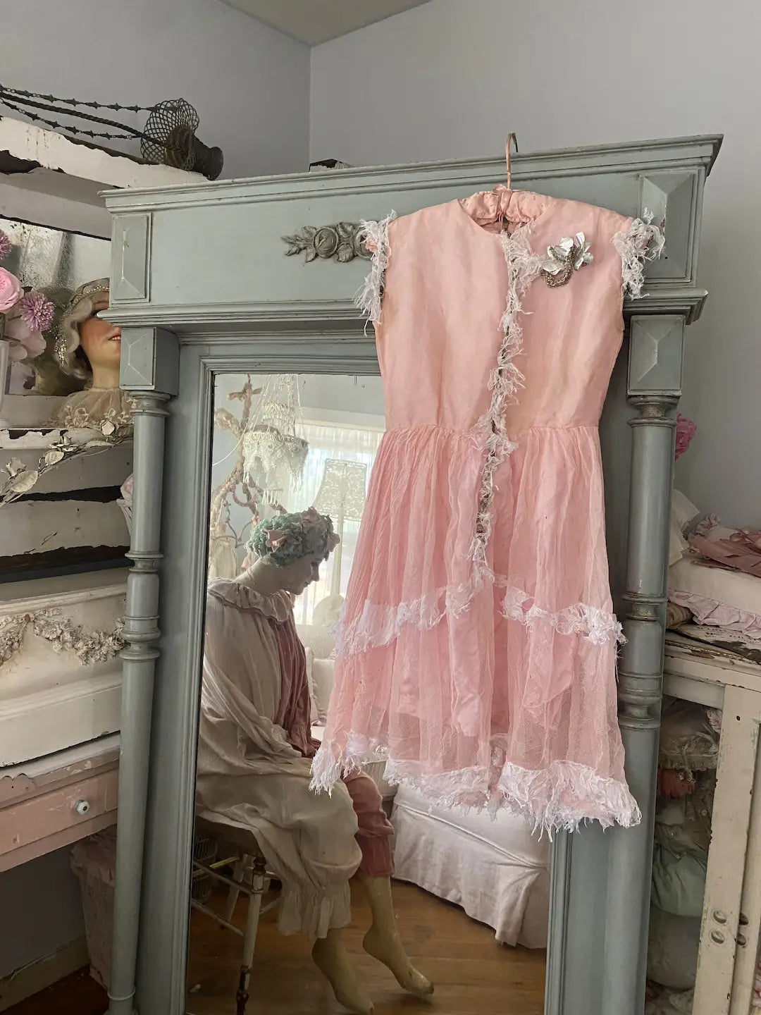 Antique Vintage Pink Tulle Lace Ballet Theater Costume Dress Tinsel Trim