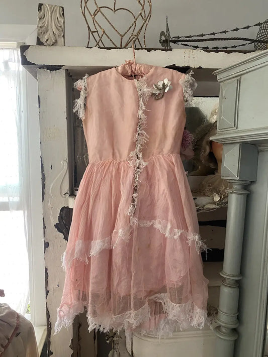 Antique Vintage Pink Tulle Lace Ballet Theater Costume Dress Tinsel Trim