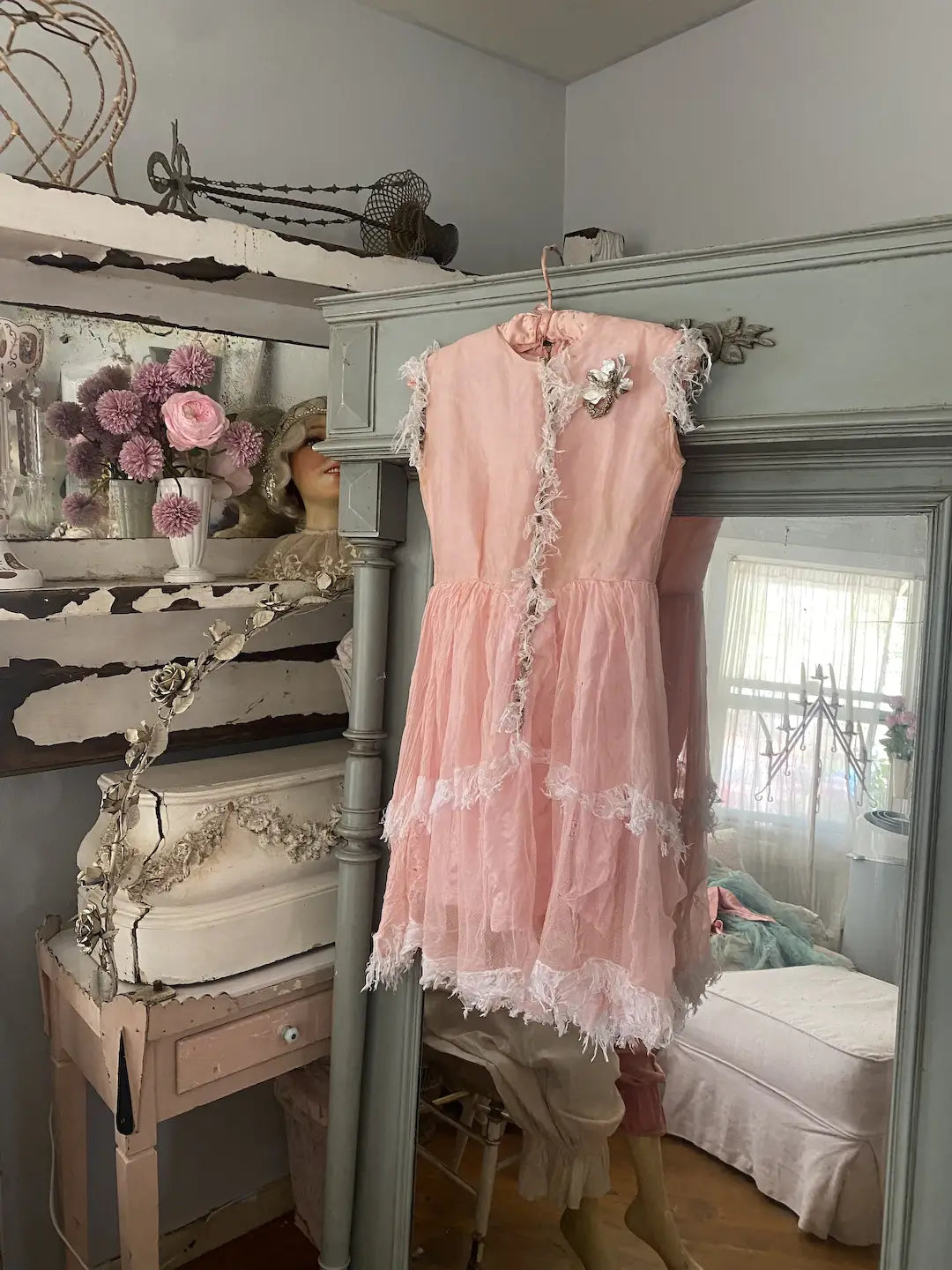 Antique Vintage Pink Tulle Lace Ballet Theater Costume Dress Tinsel Trim