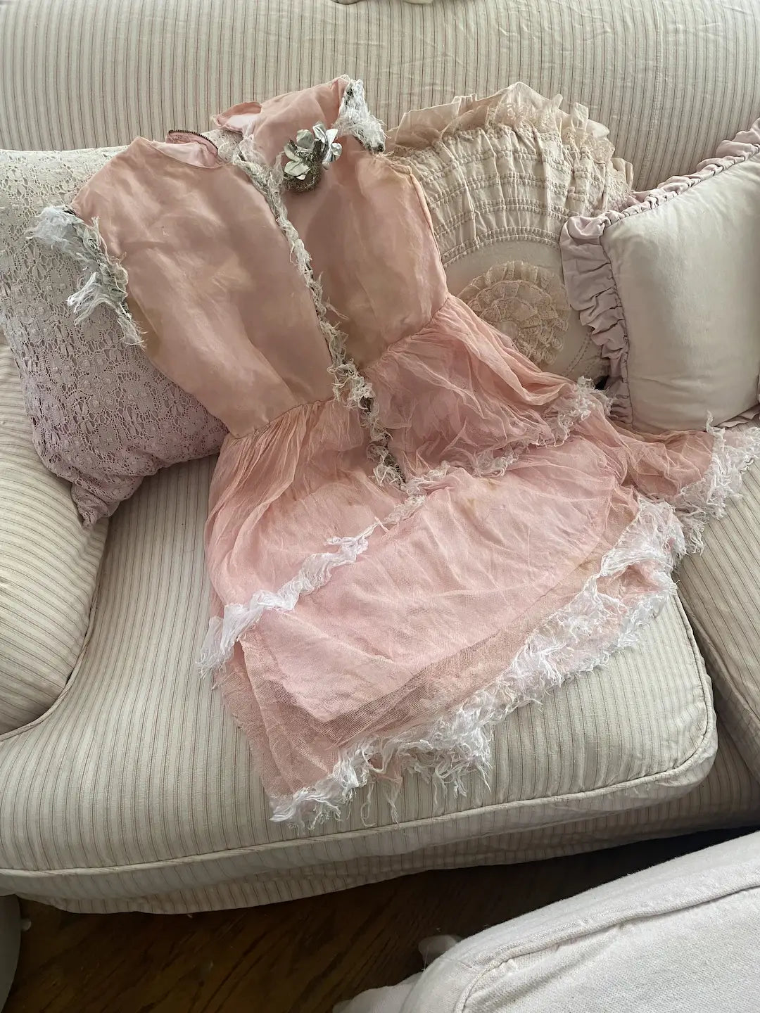 Antique Vintage Pink Tulle Lace Ballet Theater Costume Dress Tinsel Trim