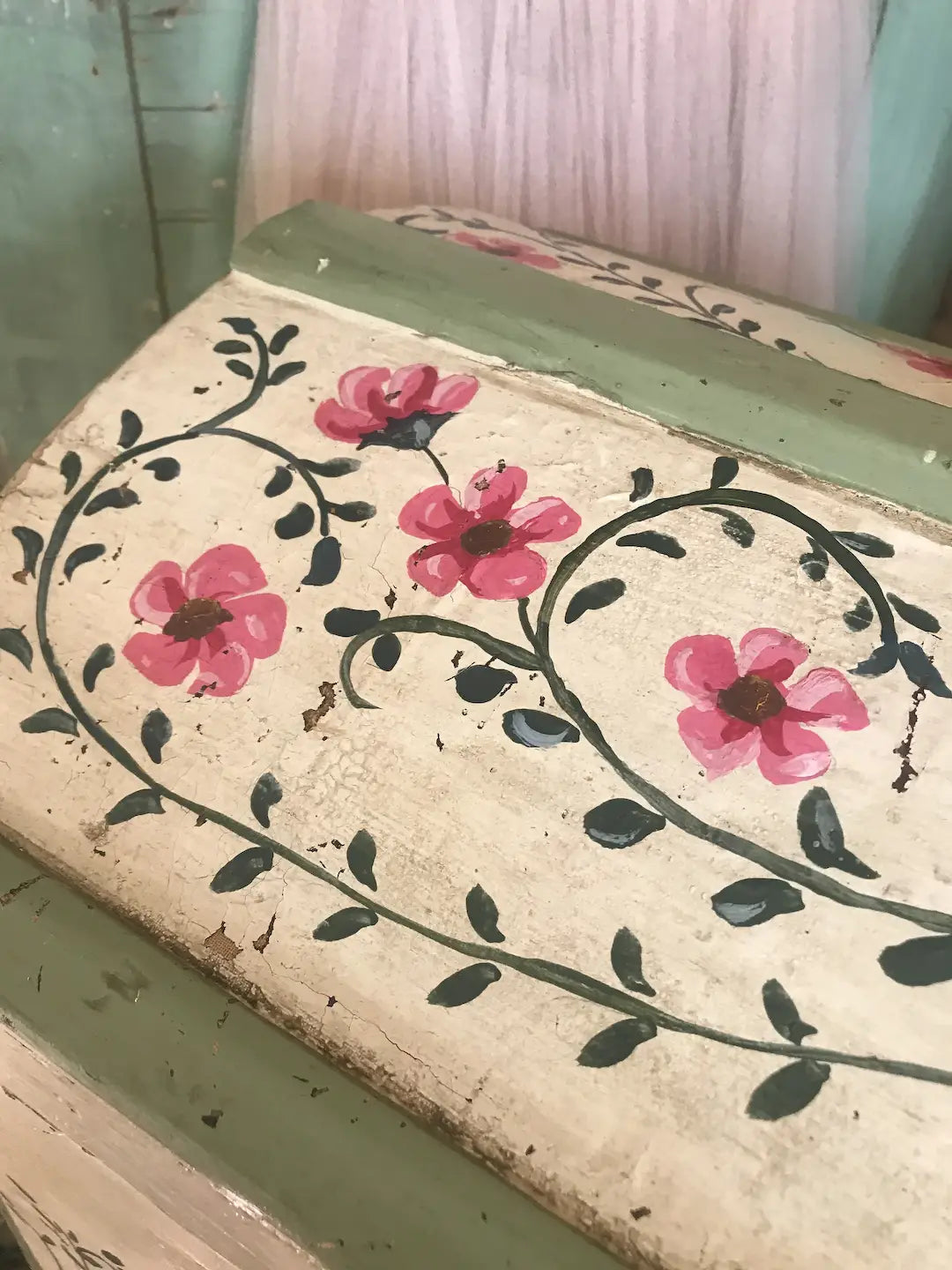 Antique Vintage Shabby Chic Hand Painted Pink Floral Wooden Trunk