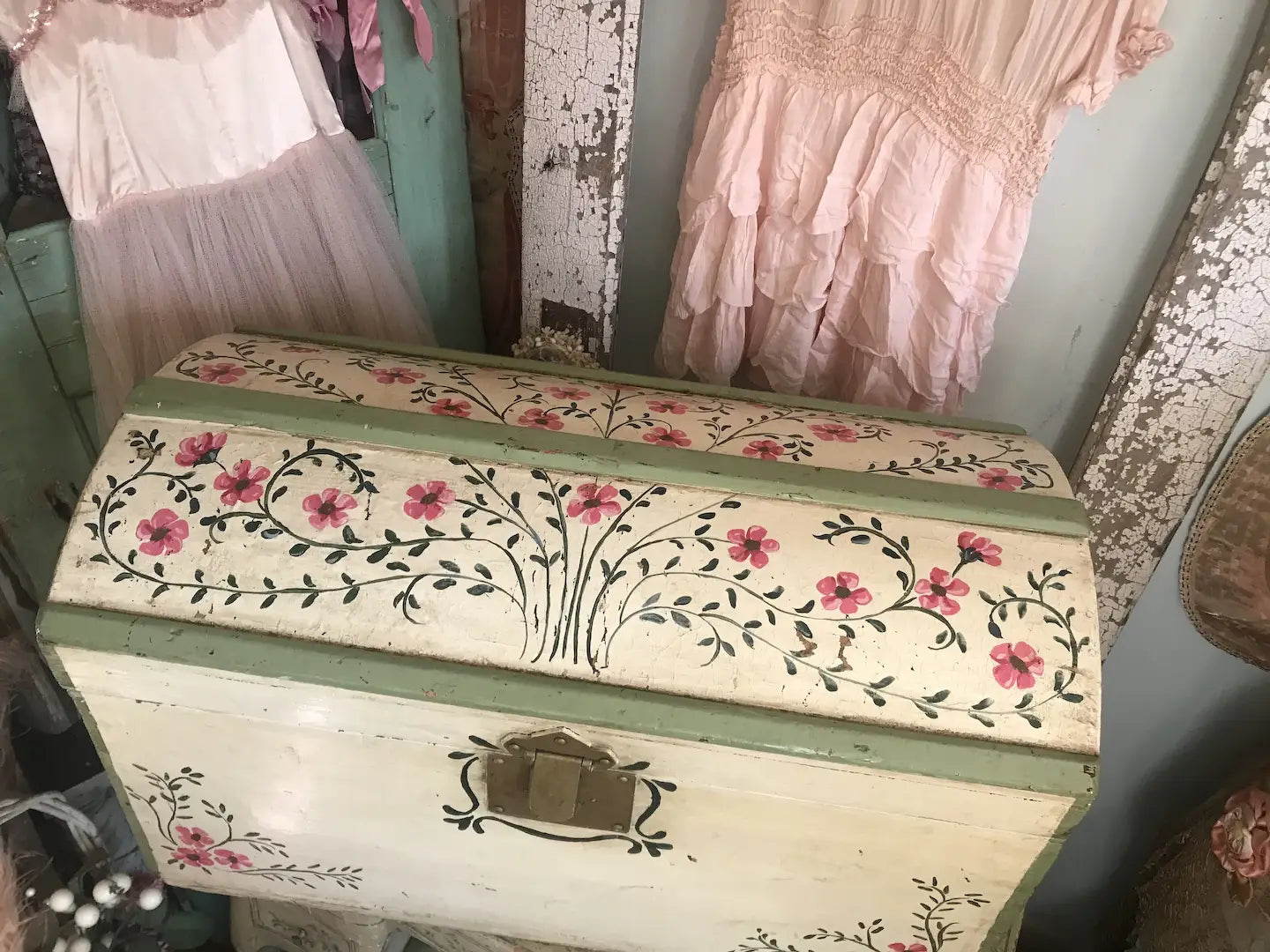 Antique Vintage Shabby Chic Hand Painted Pink Floral Wooden Trunk