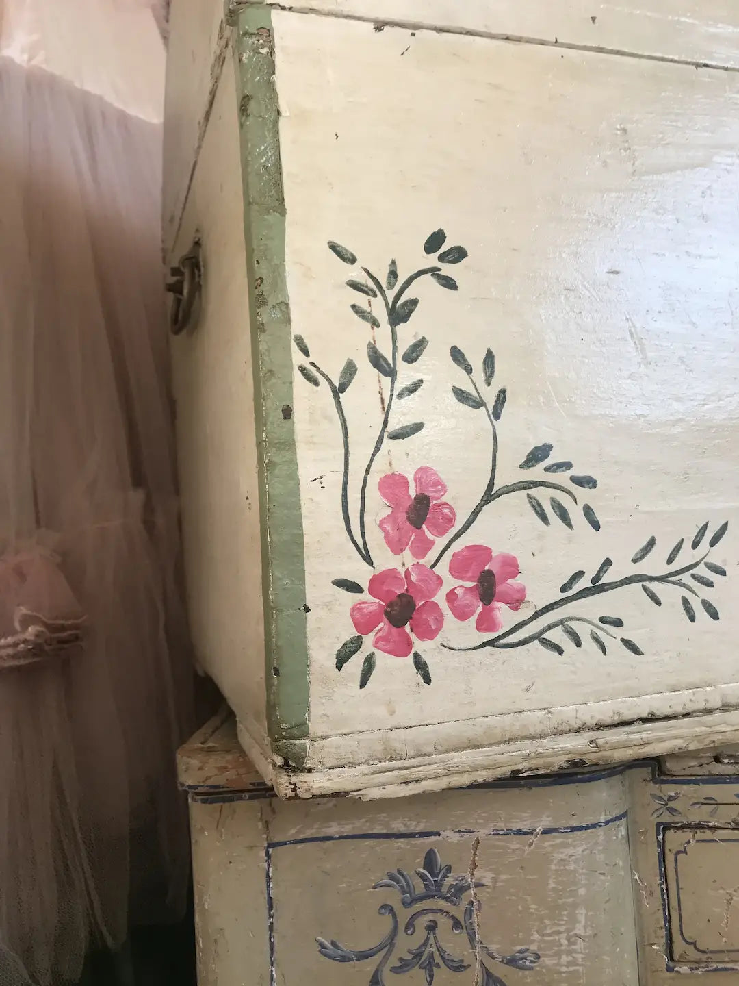 Antique Vintage Shabby Chic Hand Painted Pink Floral Wooden Trunk