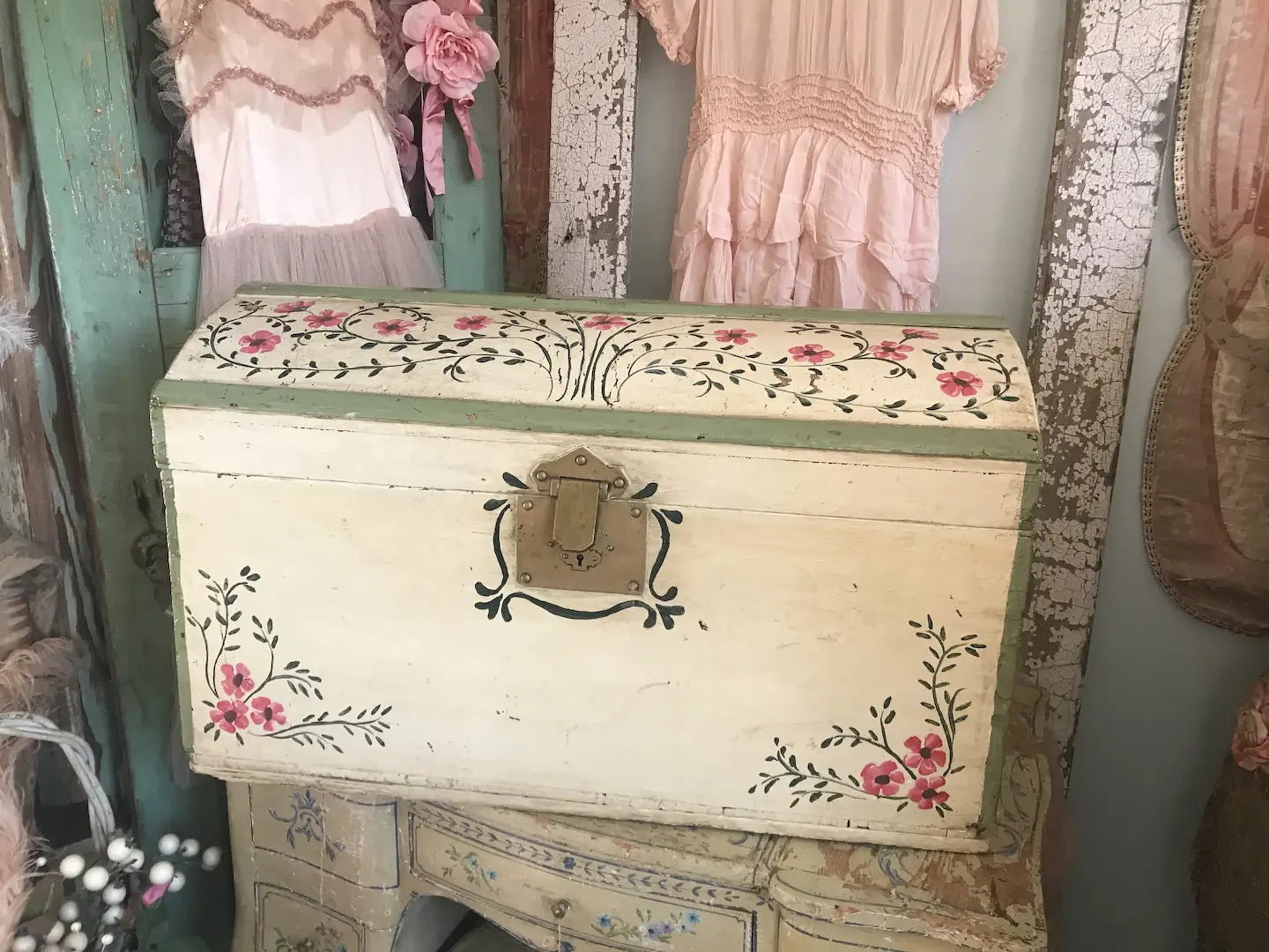 Antique Vintage Shabby Chic Hand Painted Pink Floral Wooden Trunk