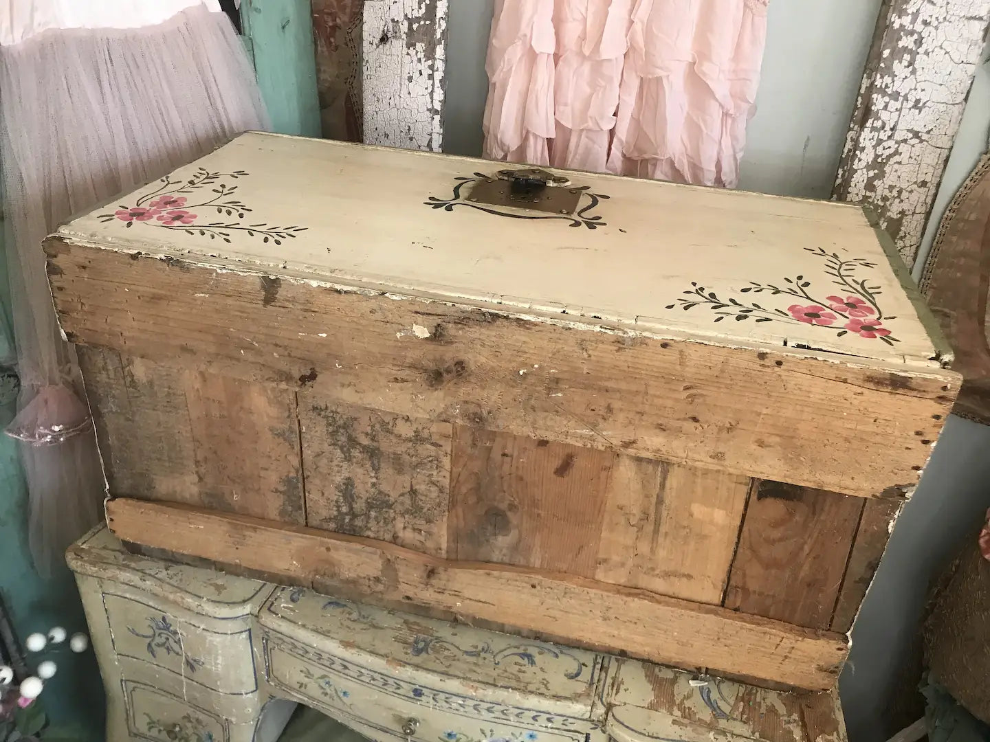 Antique Vintage Shabby Chic Hand Painted Pink Floral Wooden Trunk