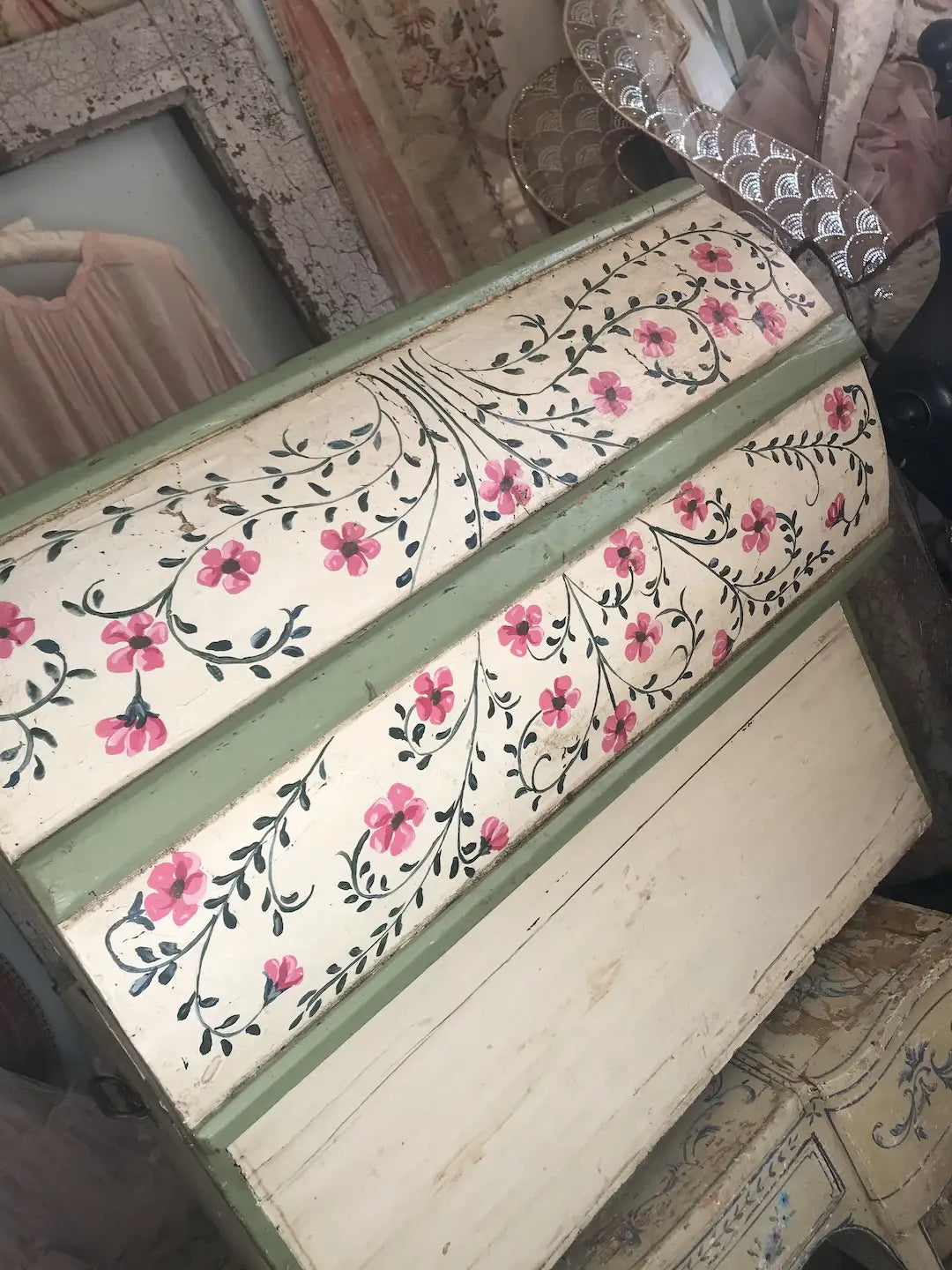 Antique Vintage Shabby Chic Hand Painted Pink Floral Wooden Trunk