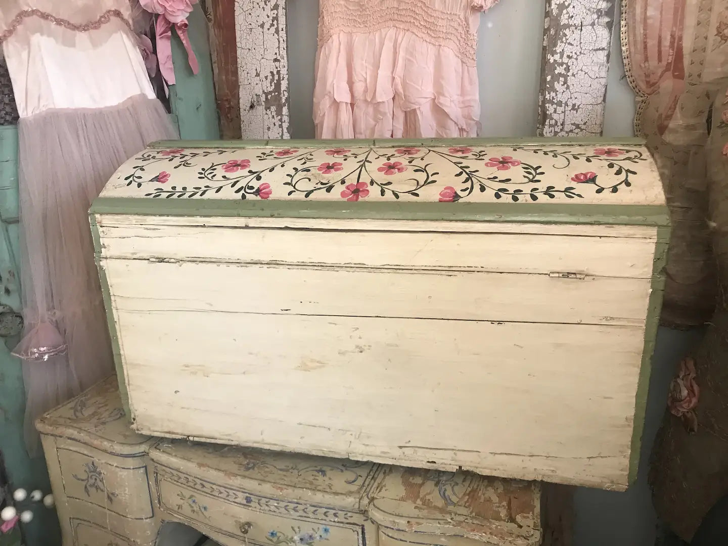 Antique Vintage Shabby Chic Hand Painted Pink Floral Wooden Trunk