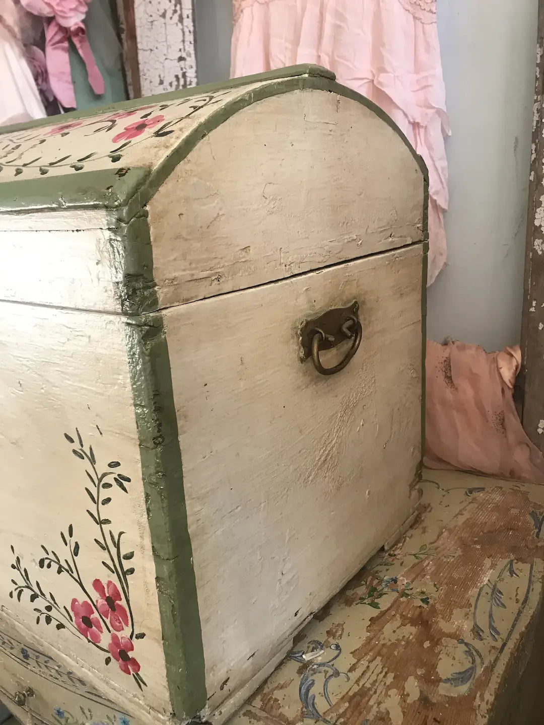 Antique Vintage Shabby Chic Hand Painted Pink Floral Wooden Trunk