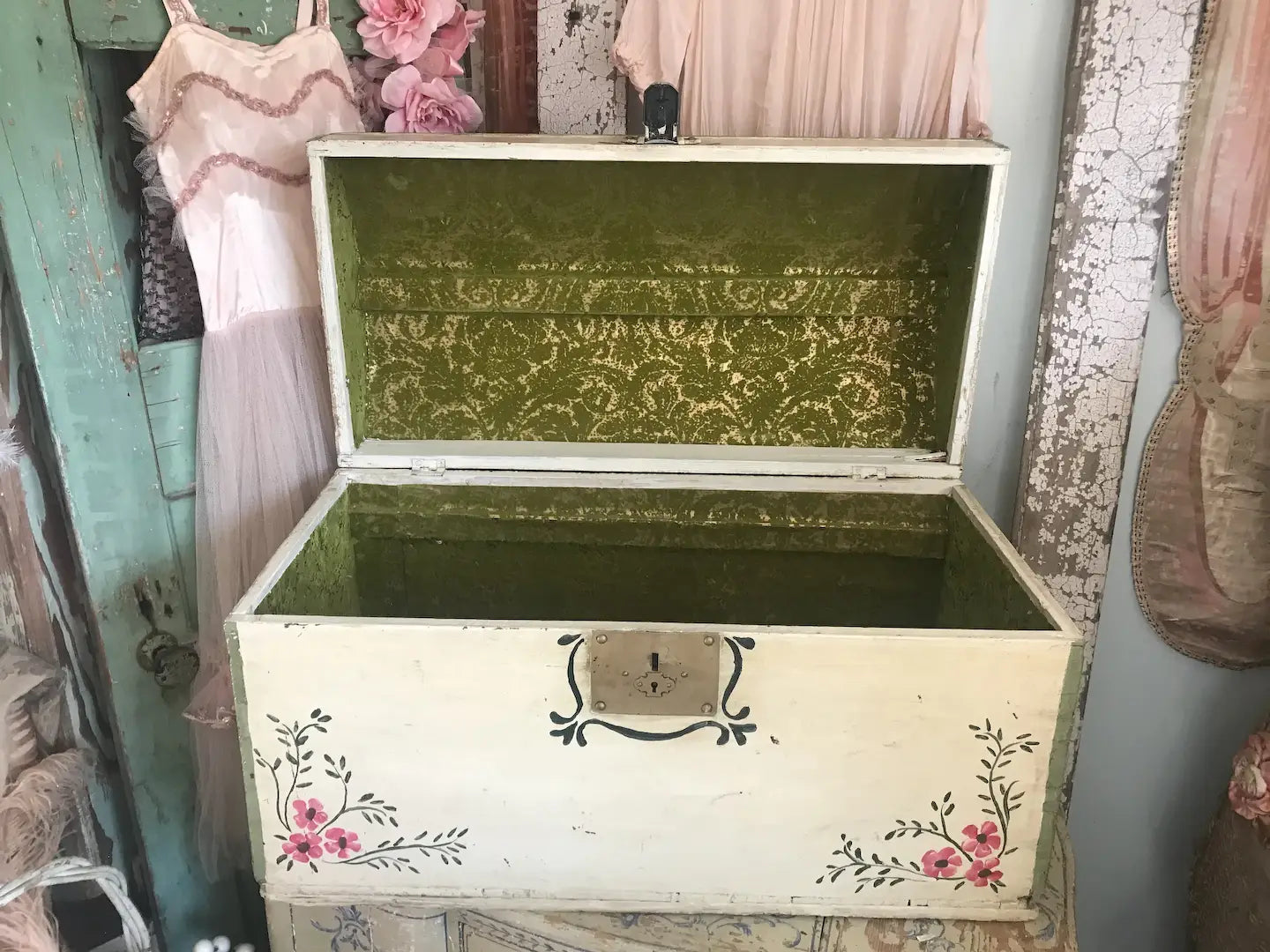 Antique Vintage Shabby Chic Hand Painted Pink Floral Wooden Trunk