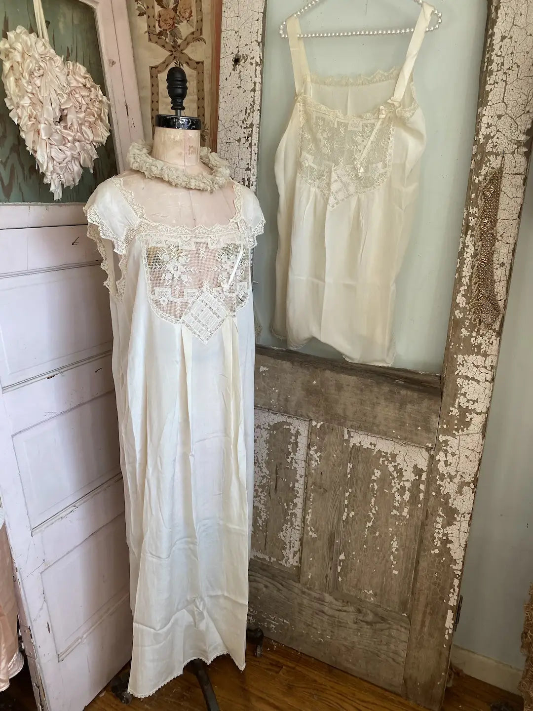 Antique Wedding Trousseau Lingerie Silk Lace Teddy & Nightgown Dress