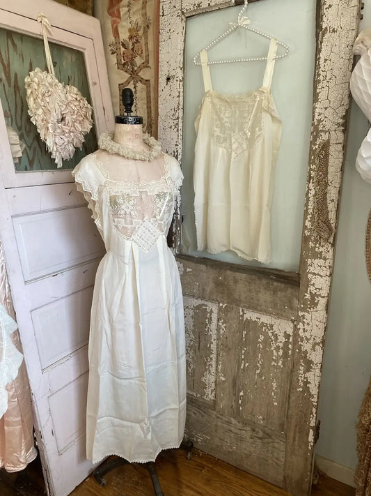 Antique Wedding Trousseau Lingerie Silk Lace Teddy & Nightgown Dress