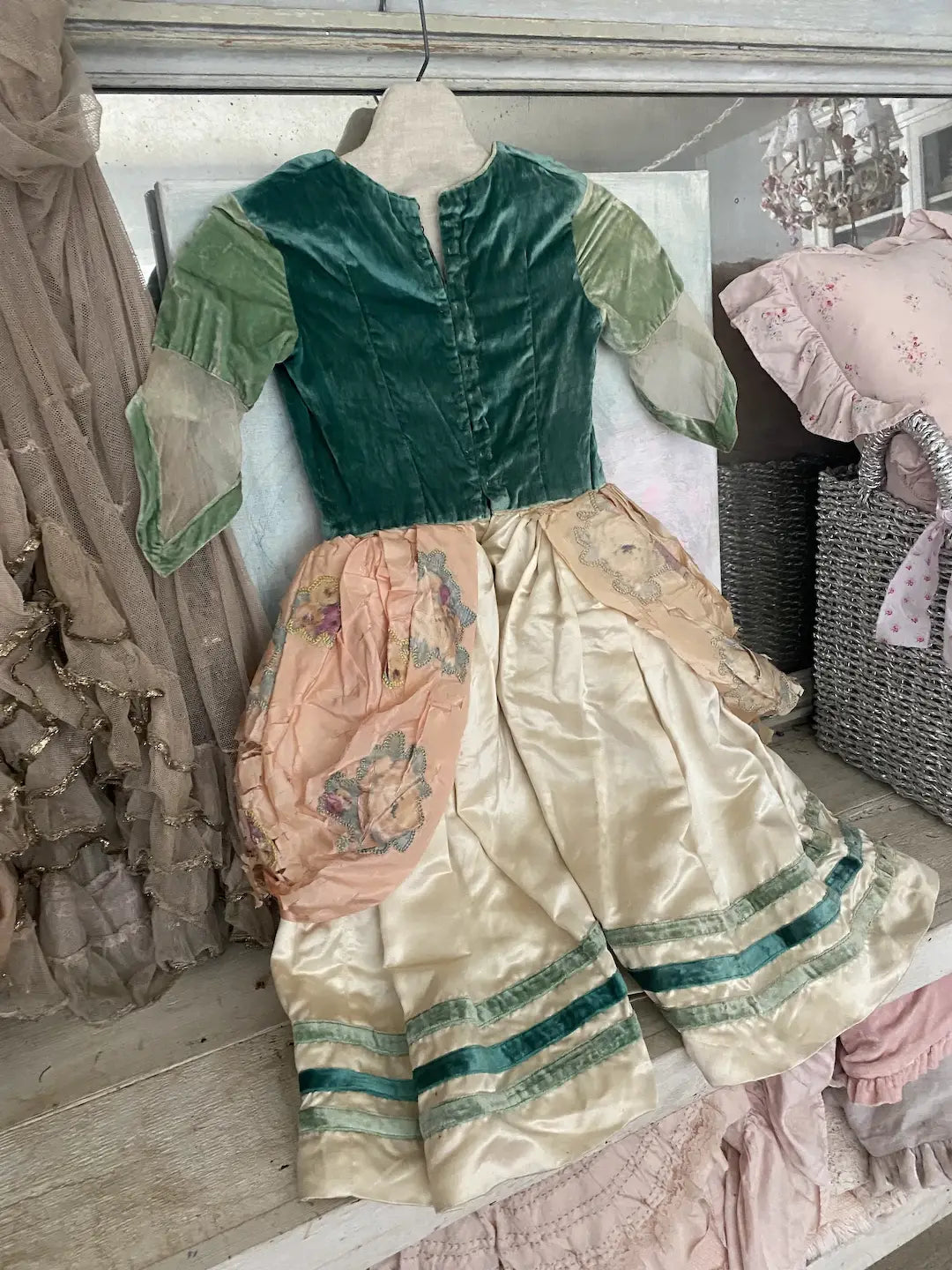 Antique French Costume Dress Pink Green