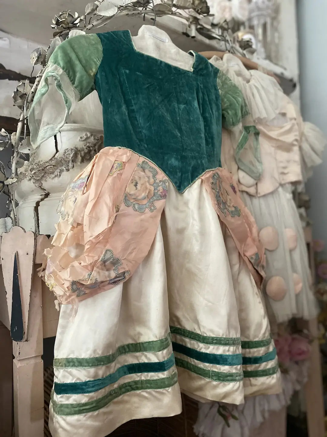 Antique French Costume Dress Pink Green