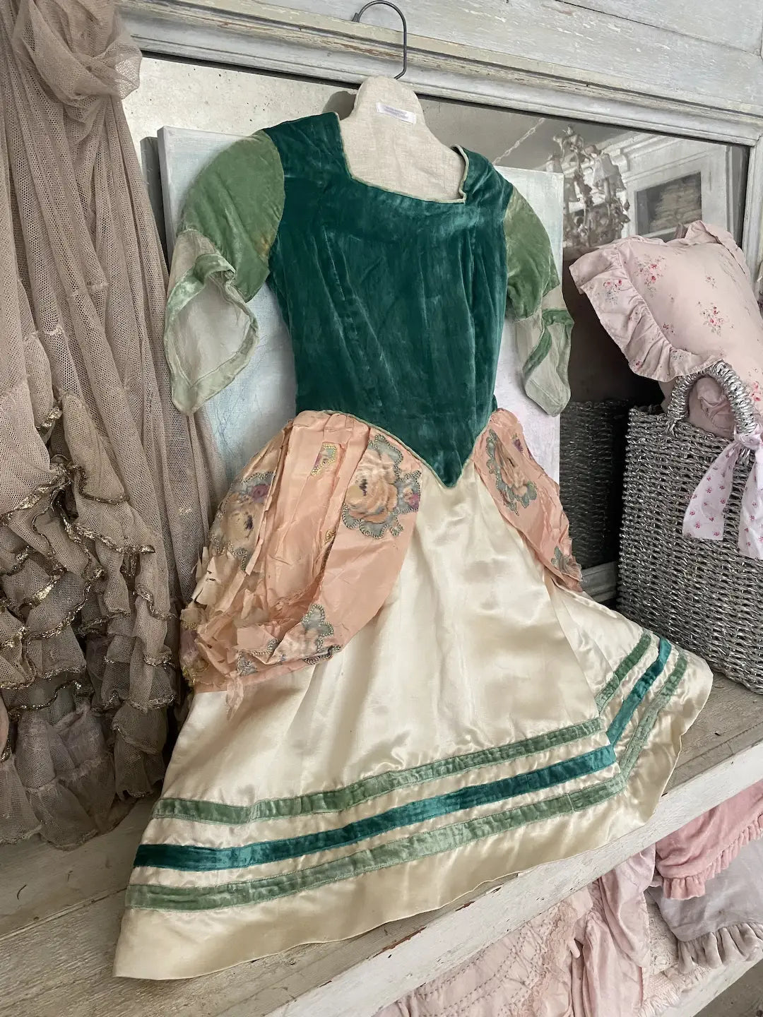 Antique French Costume Dress Pink Green