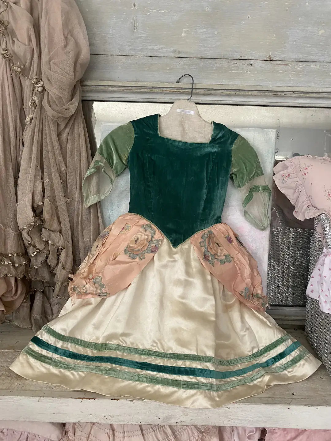 Antique French Costume Dress Pink Green