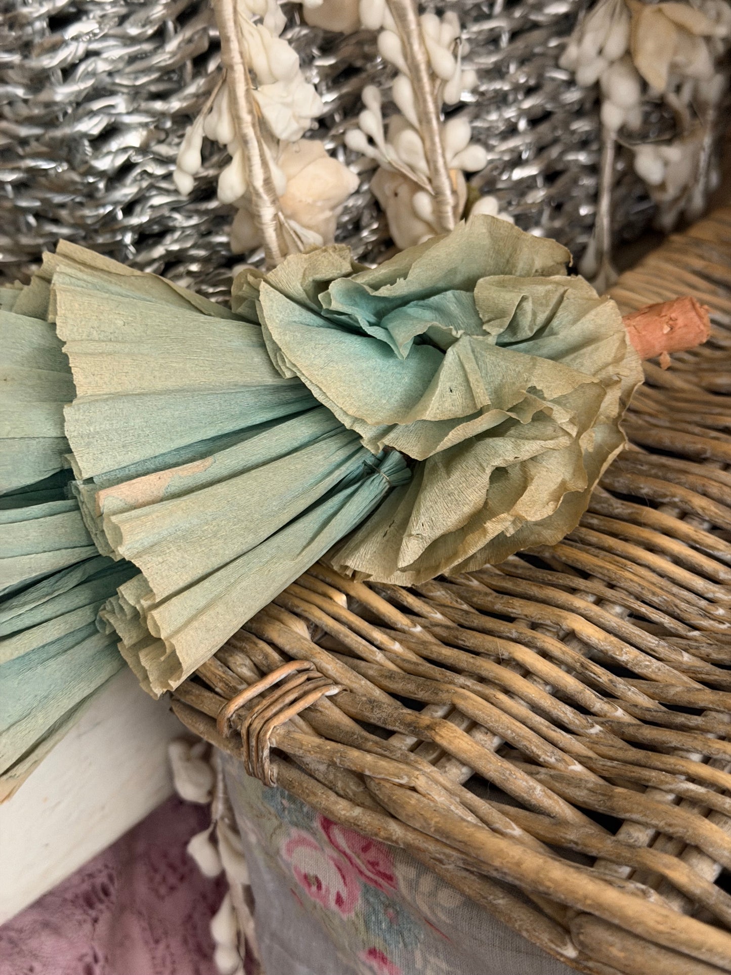 Antique Blue Pink Crepe Paper Parasol