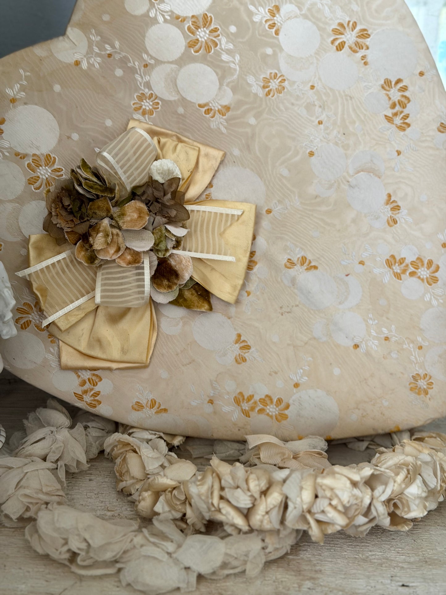 XL Vintage Gold Fabric Heart Candy Box Millinery Flowers Bow