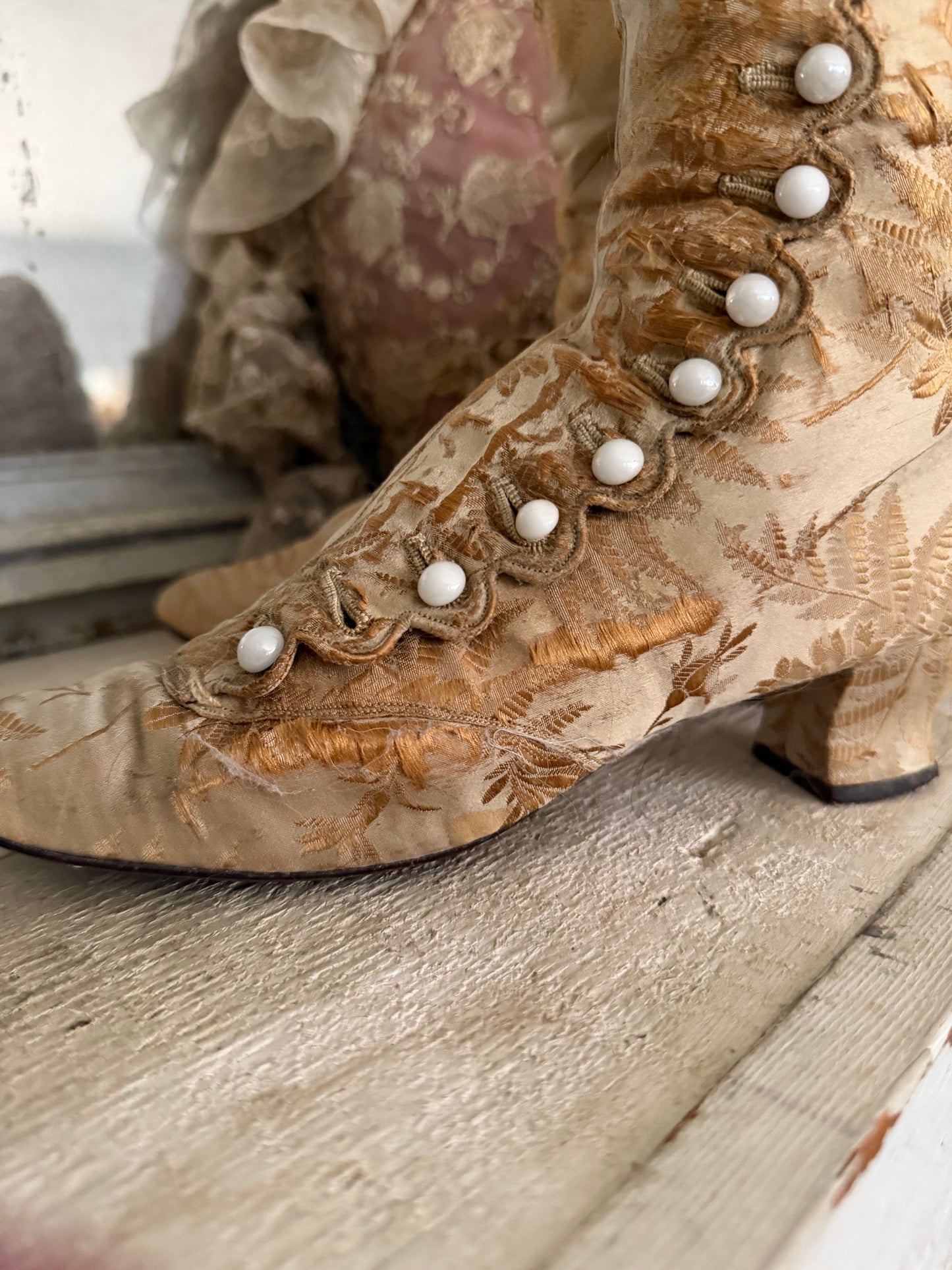 Antique Victorian Gold Silk Boots Shoes
