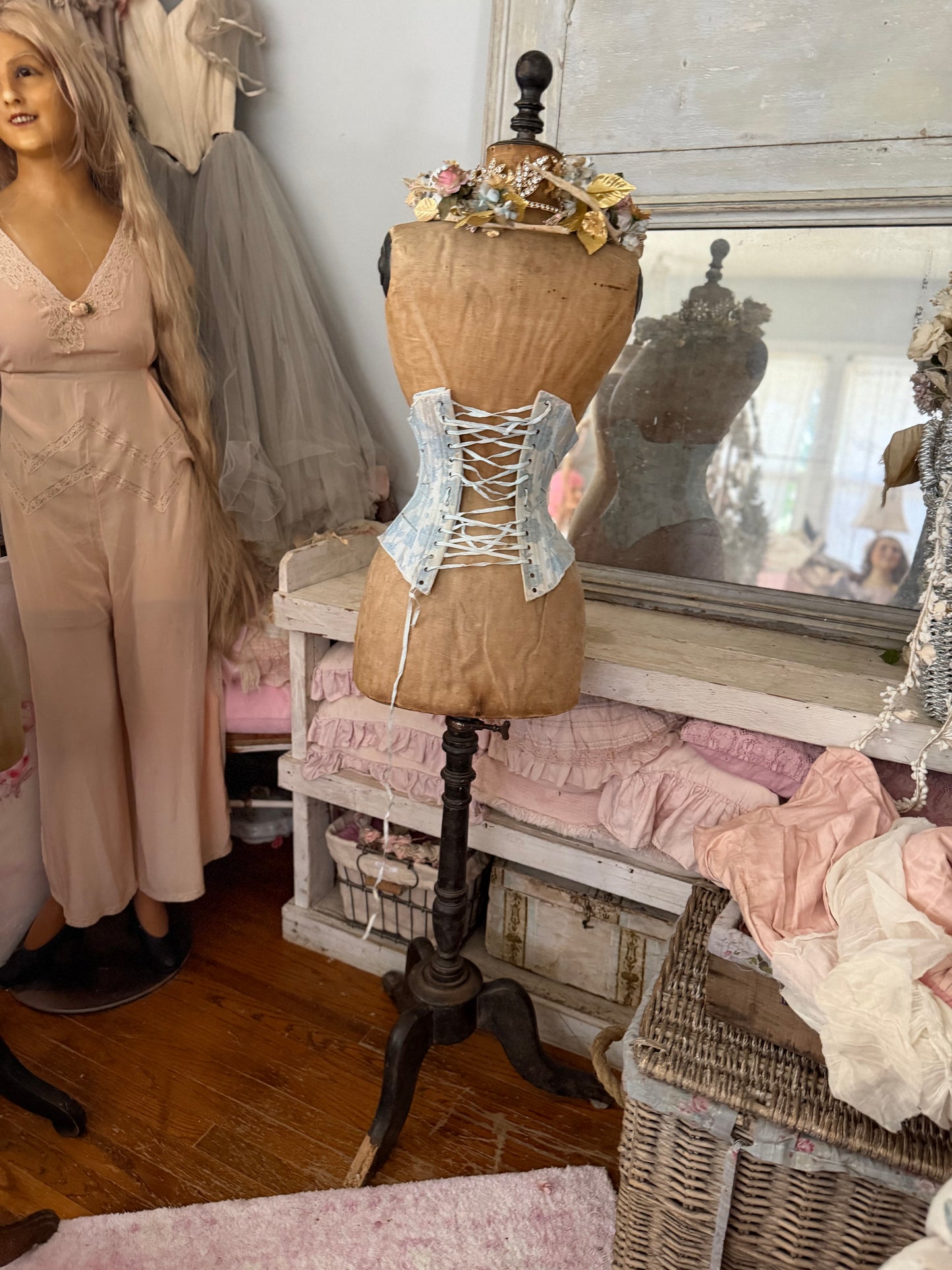 PREVIEW (On Loan) Antique Victorian Blue Ribbon Bow Corset