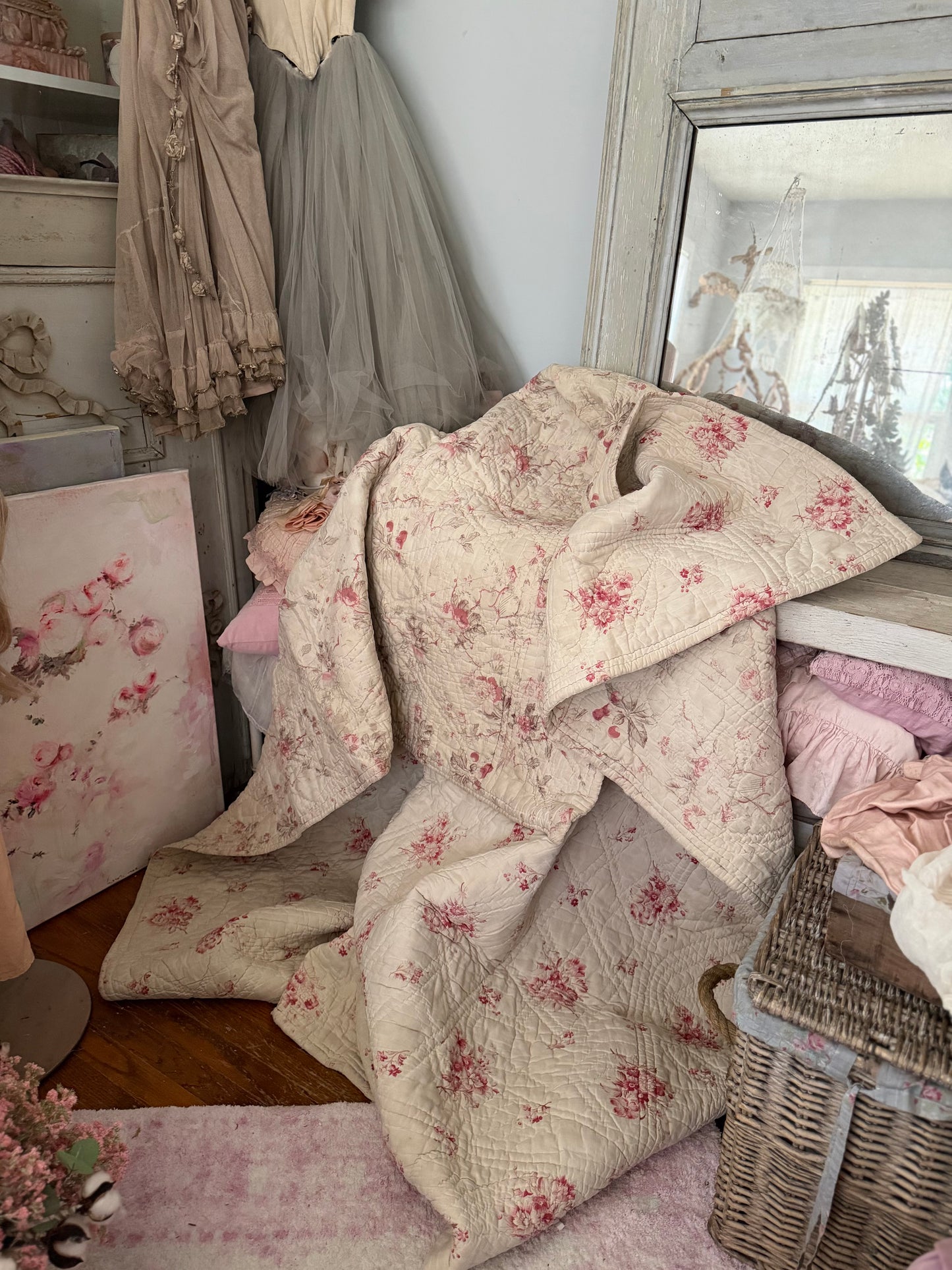 Antique French Boutis Quilt Soft Pink Roses Florals