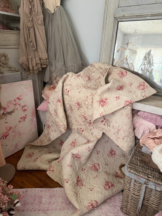 Antique French Boutis Quilt Soft Pink Roses Florals