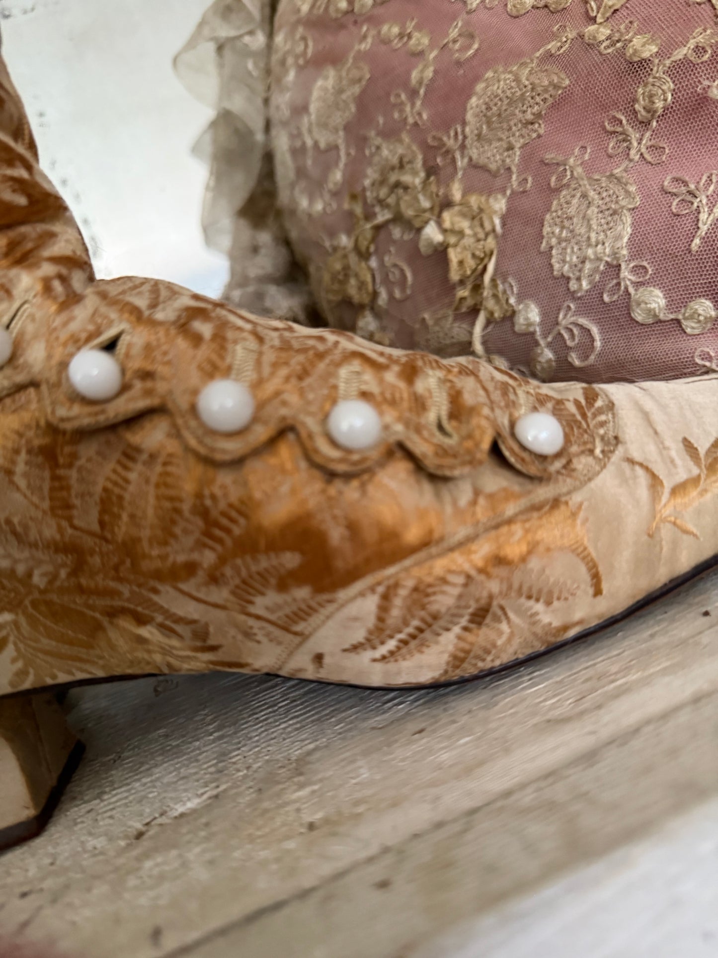 Antique Victorian Gold Silk Boots Shoes