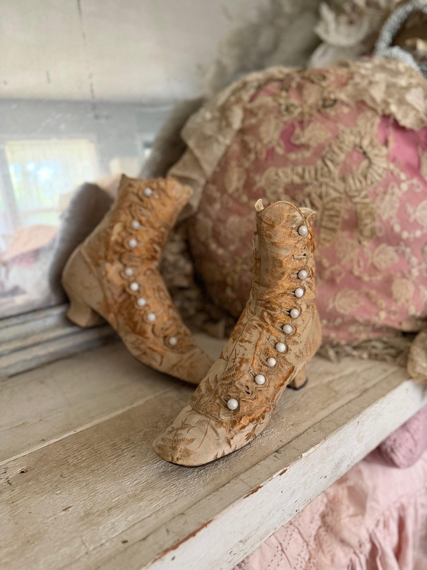 Antique Victorian Gold Silk Boots Shoes