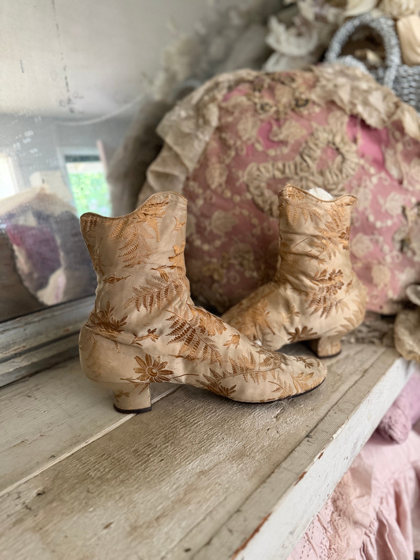 Antique Victorian Gold Silk Boots Shoes