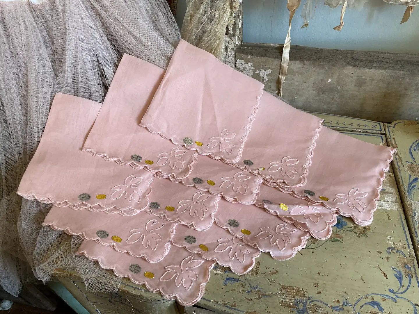 12pc Vintage Pink Swiss Napkin Set