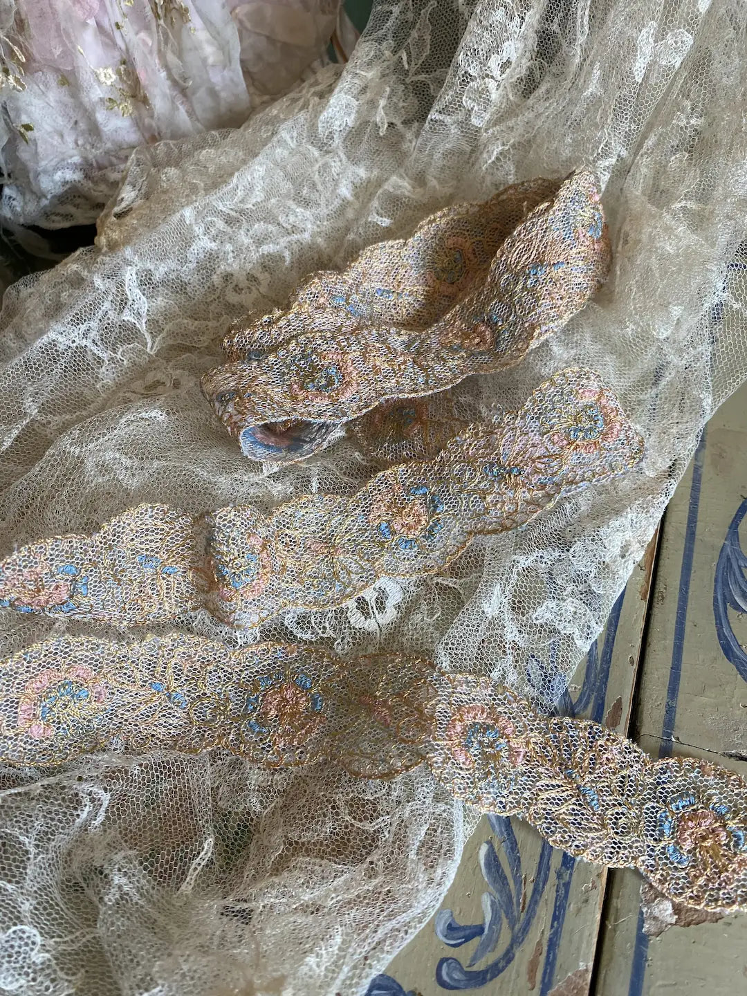 Antique Lace Ribbon Trim Shabby Chic Pastel Embroidered Pink Blue