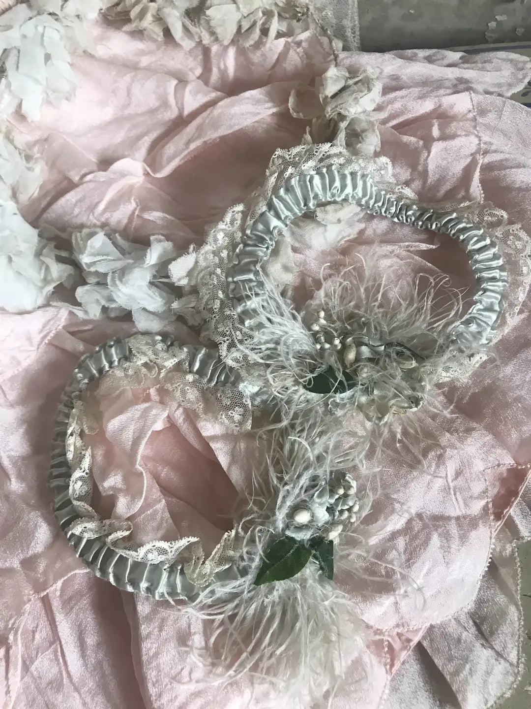 Antique French Bridal Garters Wax Flowers