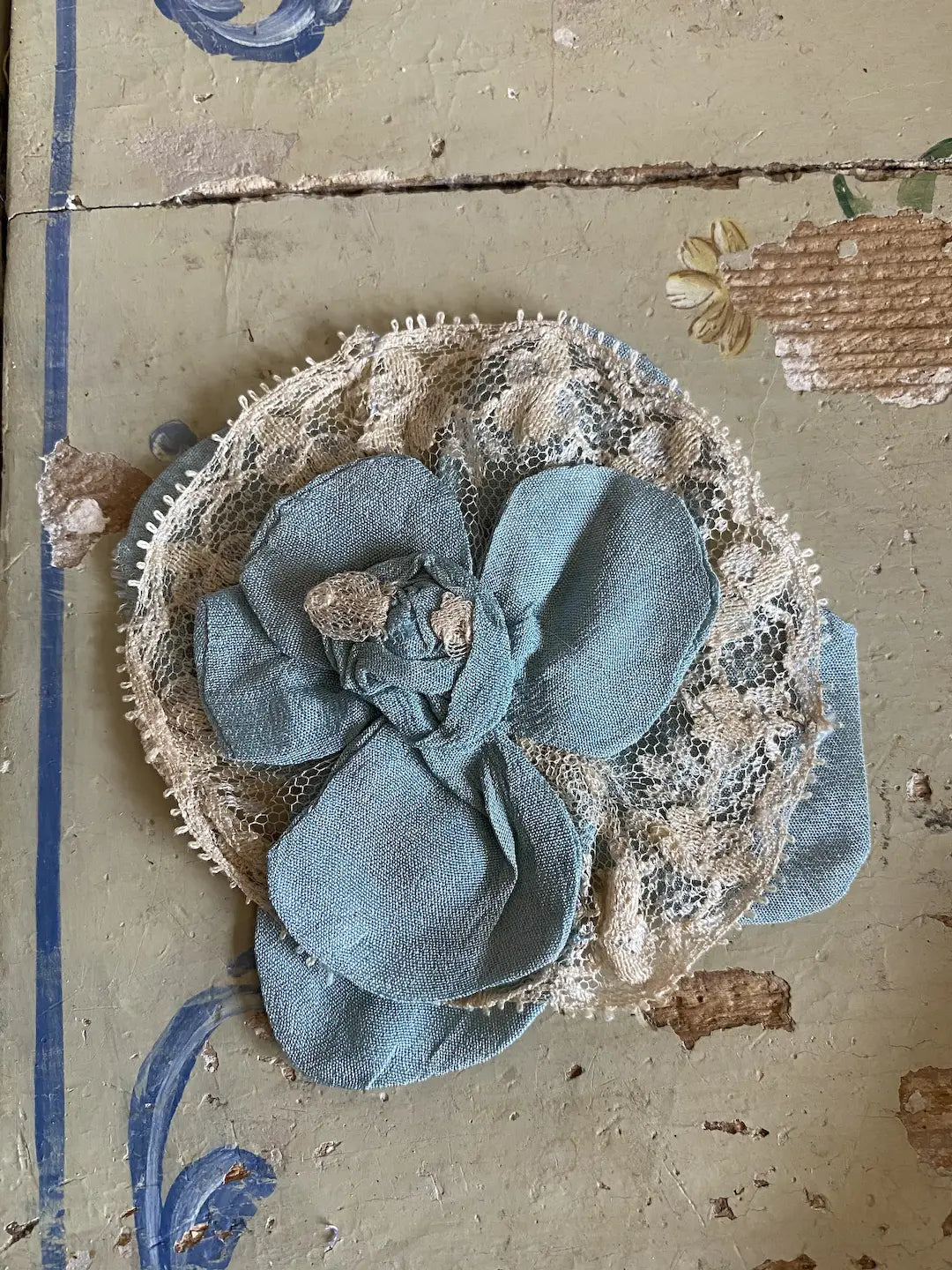 Antique Applique Blue Silk Rosette Lace