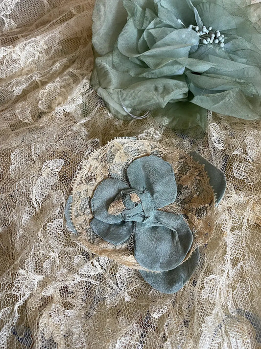 Antique Applique Blue Silk Rosette Lace