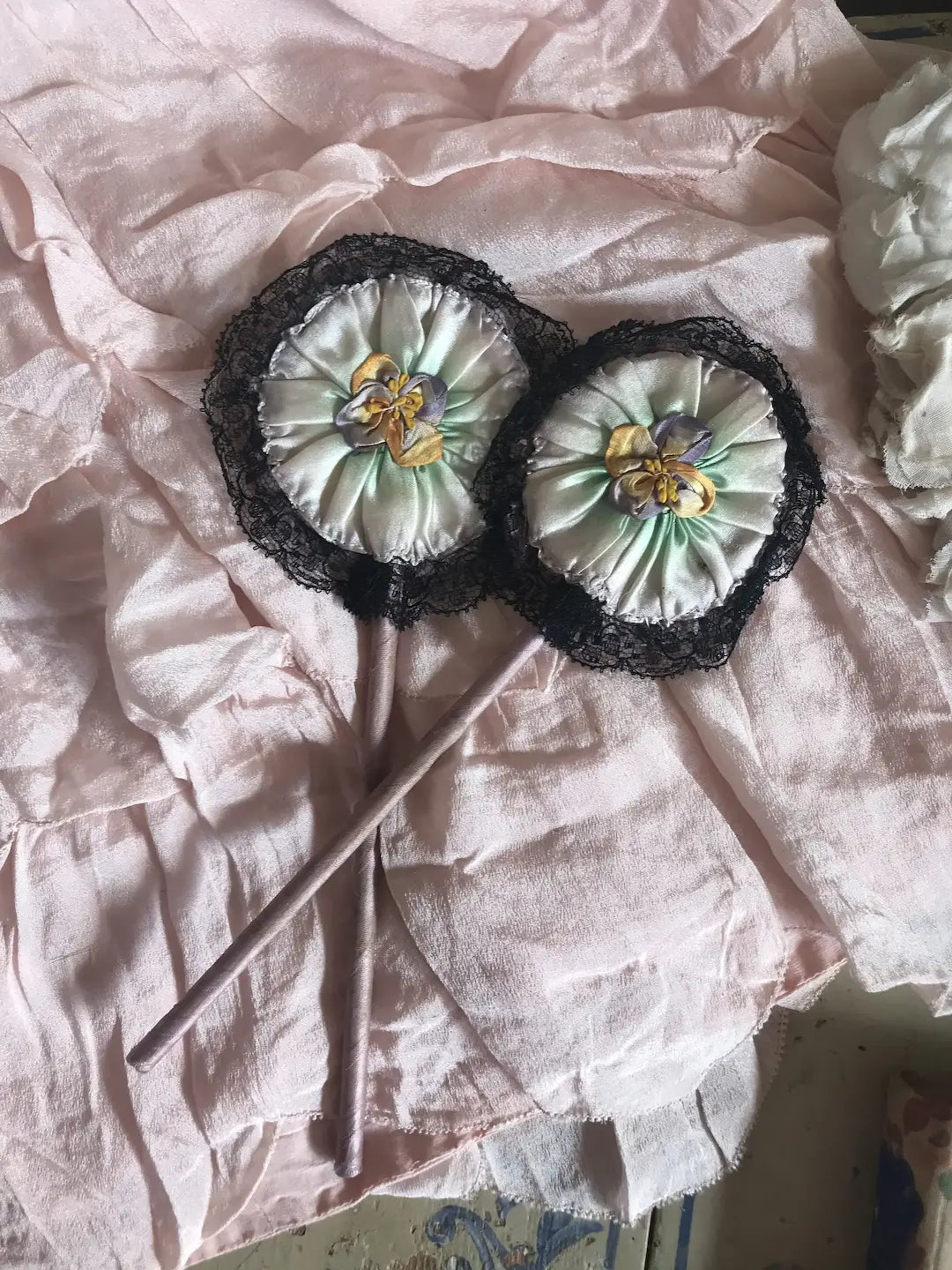 Antique Boudoir Wand Set Powder Puff Mirror Ribbonwork