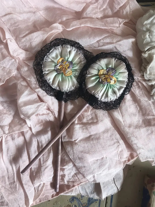 Antique Boudoir Wand Set Powder Puff Mirror Ribbonwork