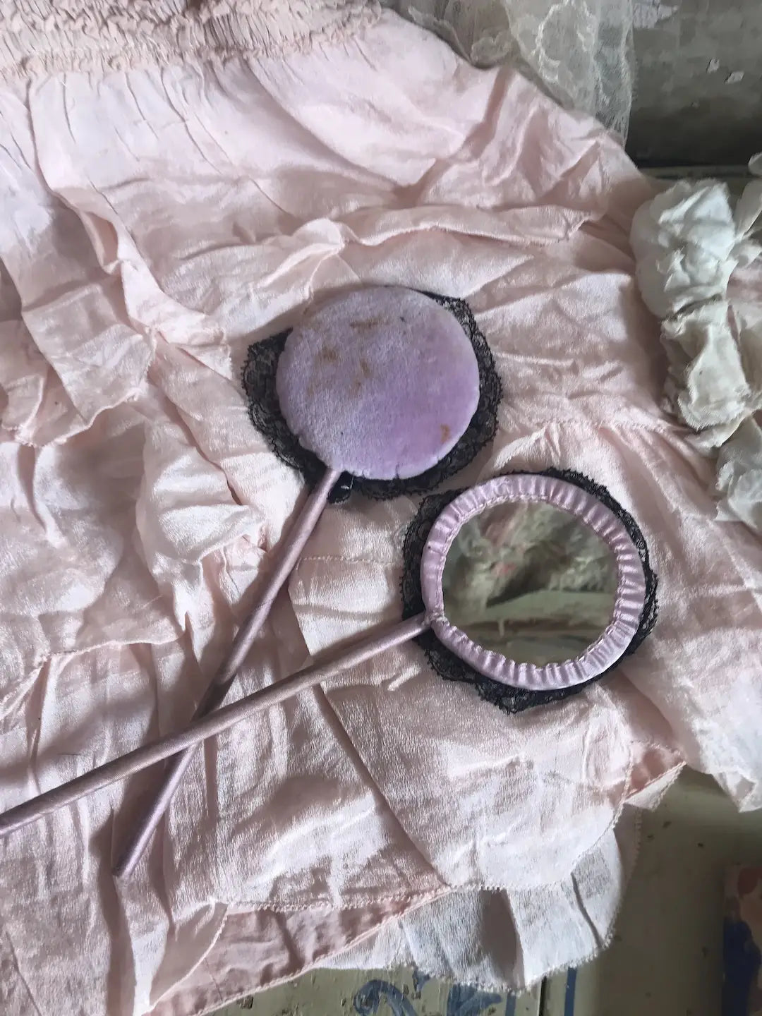 Antique Boudoir Wand Set Powder Puff Mirror Ribbonwork