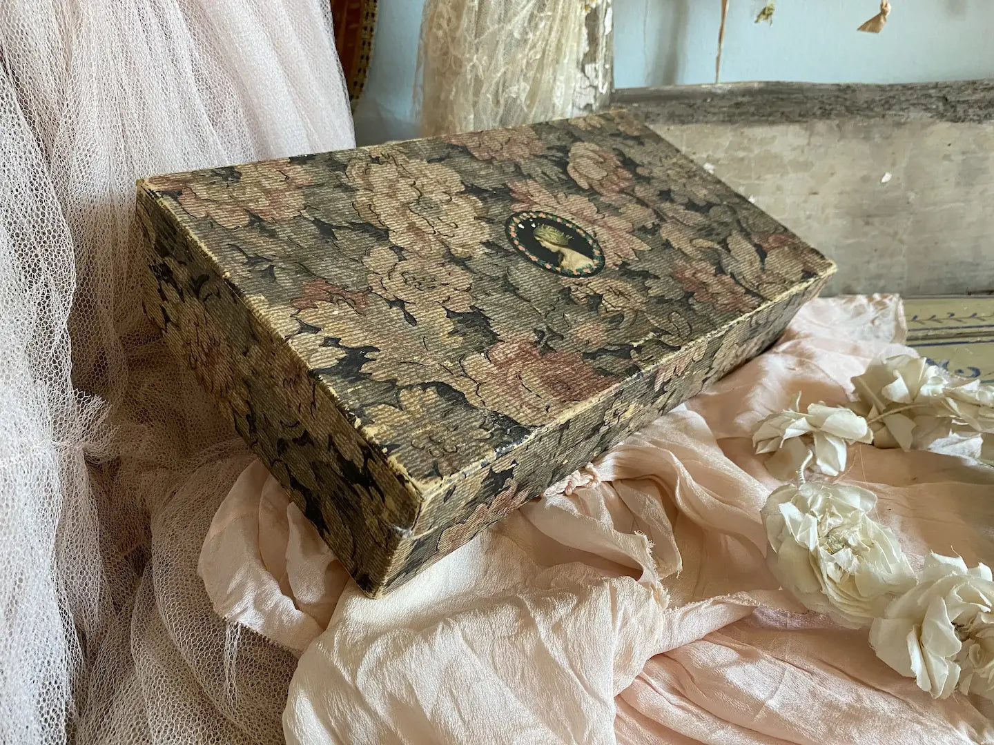 Antique Dark Floral Wallpaper Box Woman Portrait