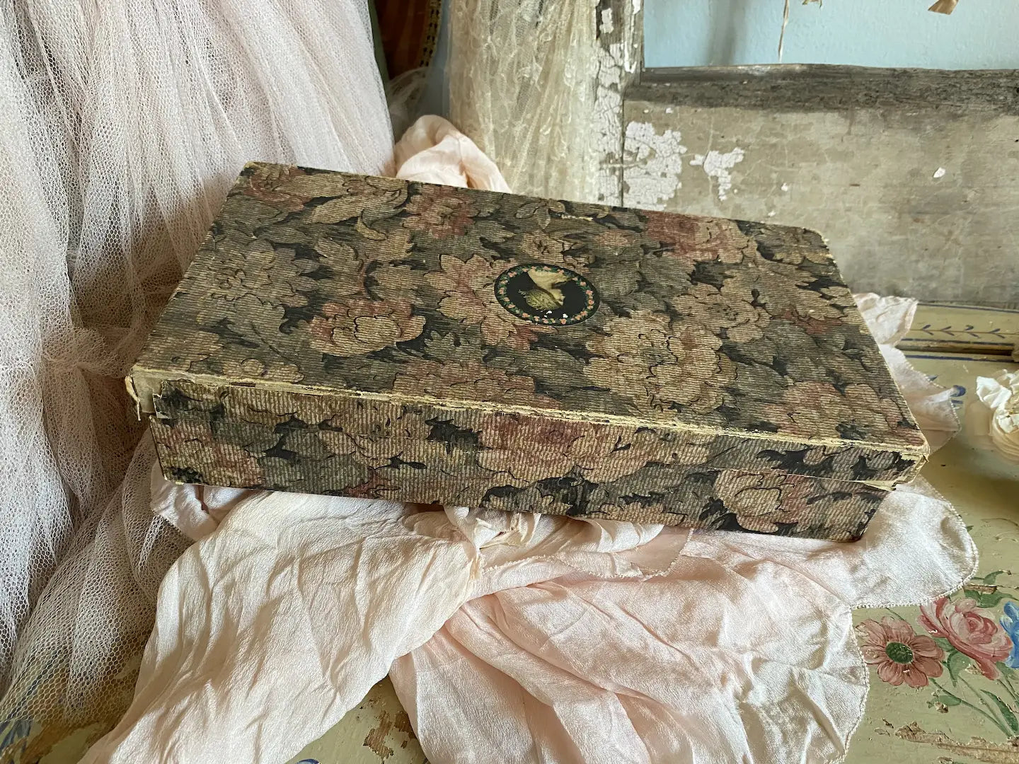 Antique Dark Floral Wallpaper Box Woman Portrait