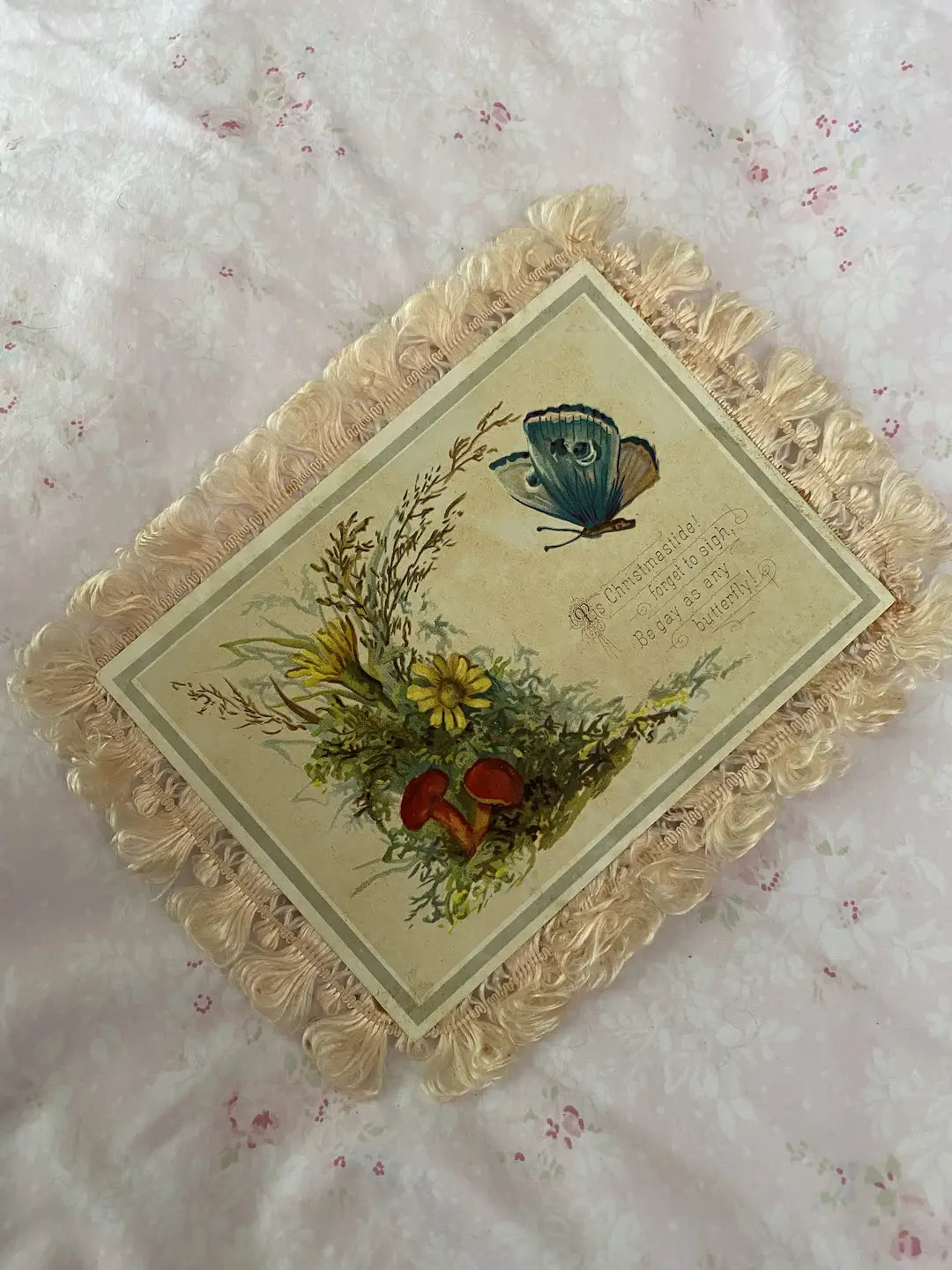 Antique Postcard Pastel Floral Butterfly Pink Silk Trim